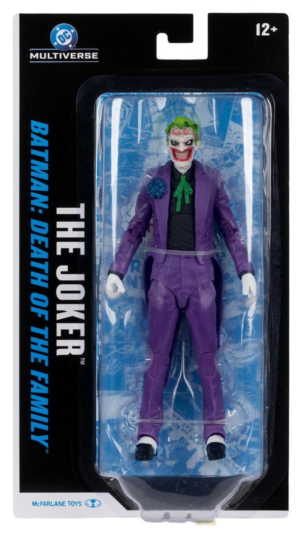 Action figure Joker DC Multiverse in abito viola, cravatta verde e guanti bianchi.