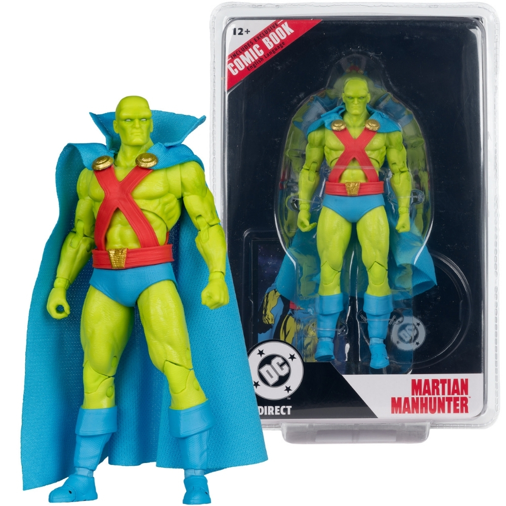 Action figure verde con mantello blu e croce rossa sul petto, in confezione.