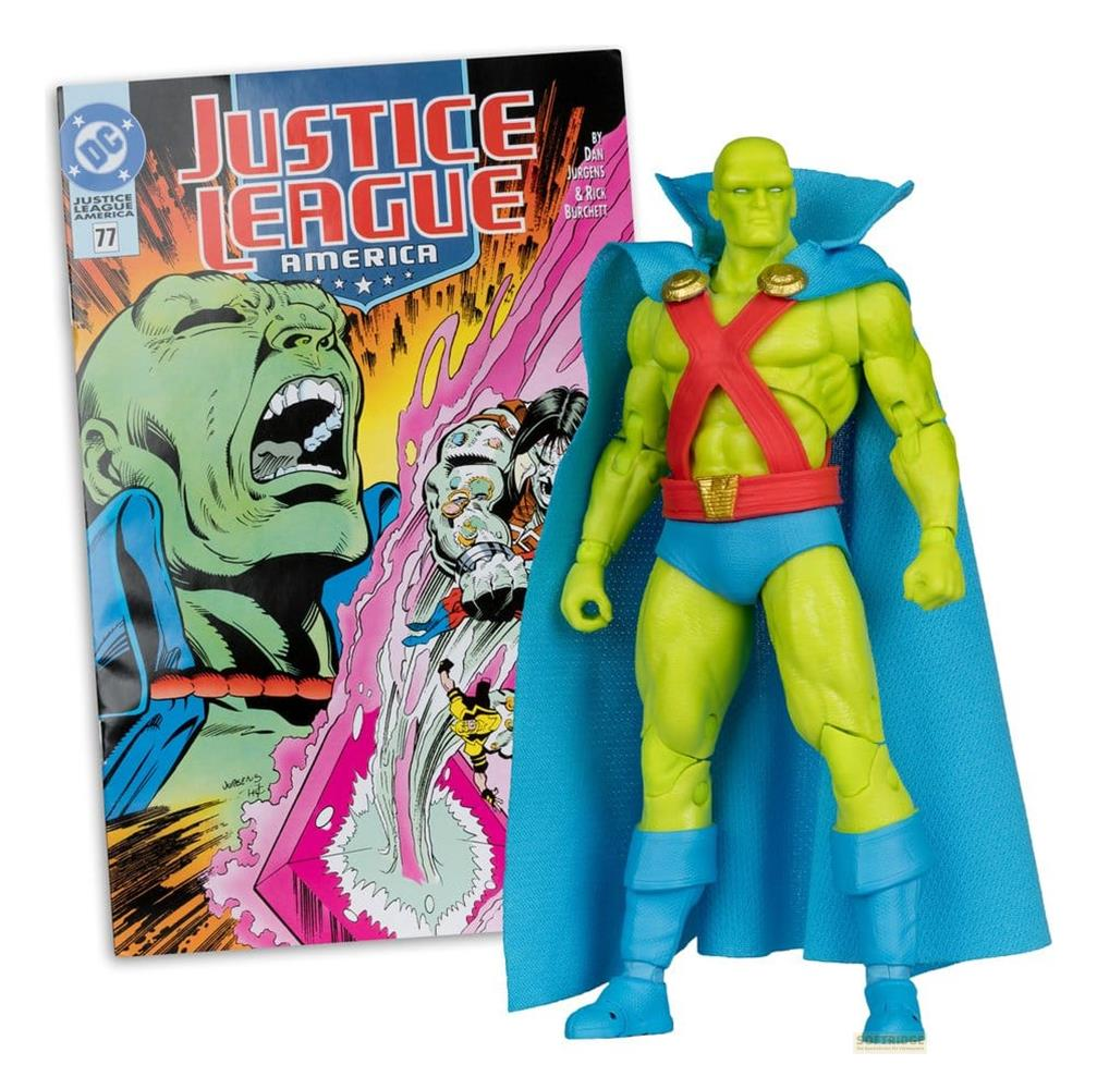Action figure di Martian Manhunter accanto a una copertina del fumetto Justice League America 77.