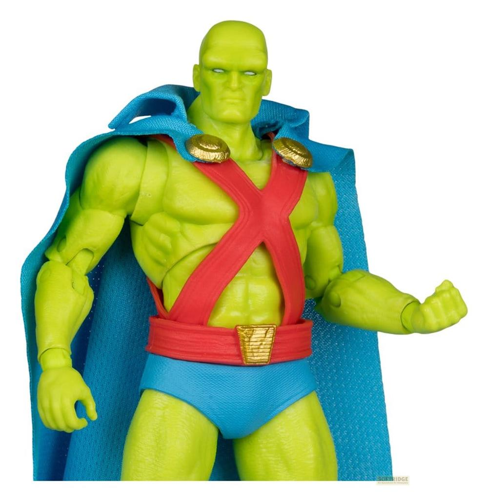Uomo verde con X rossa, slip blu e mantello. Action figure.