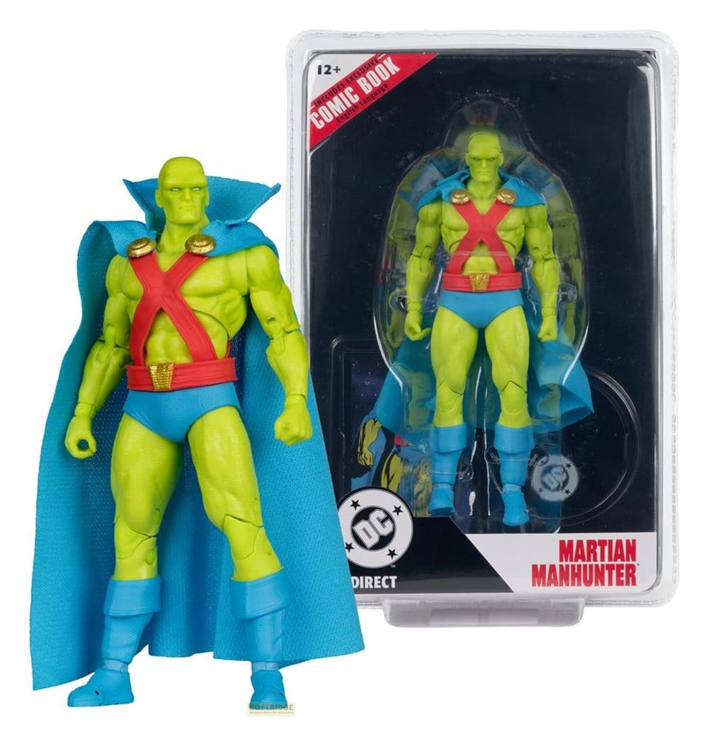 Action figure verde di Martian Manhunter in confezione DC comic book con mantello blu.
