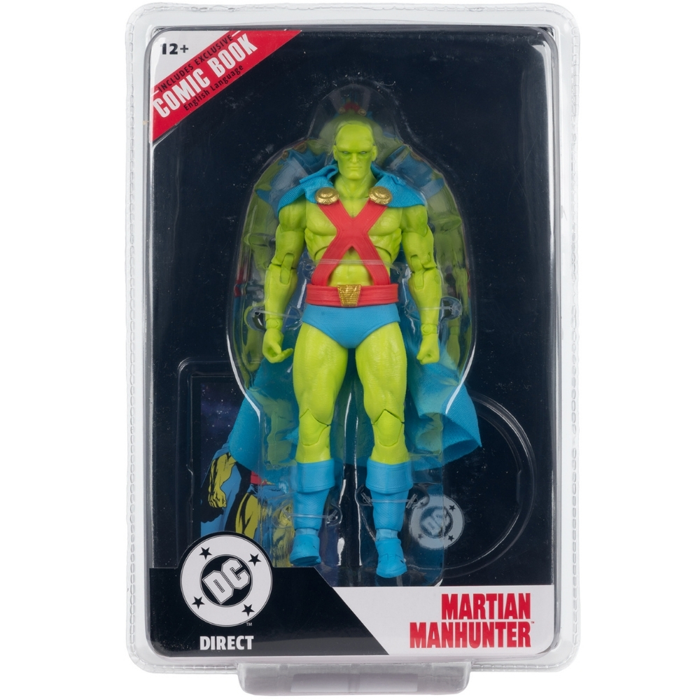Action figure verde di Martian Manhunter in confezione con grafica a fumetti.