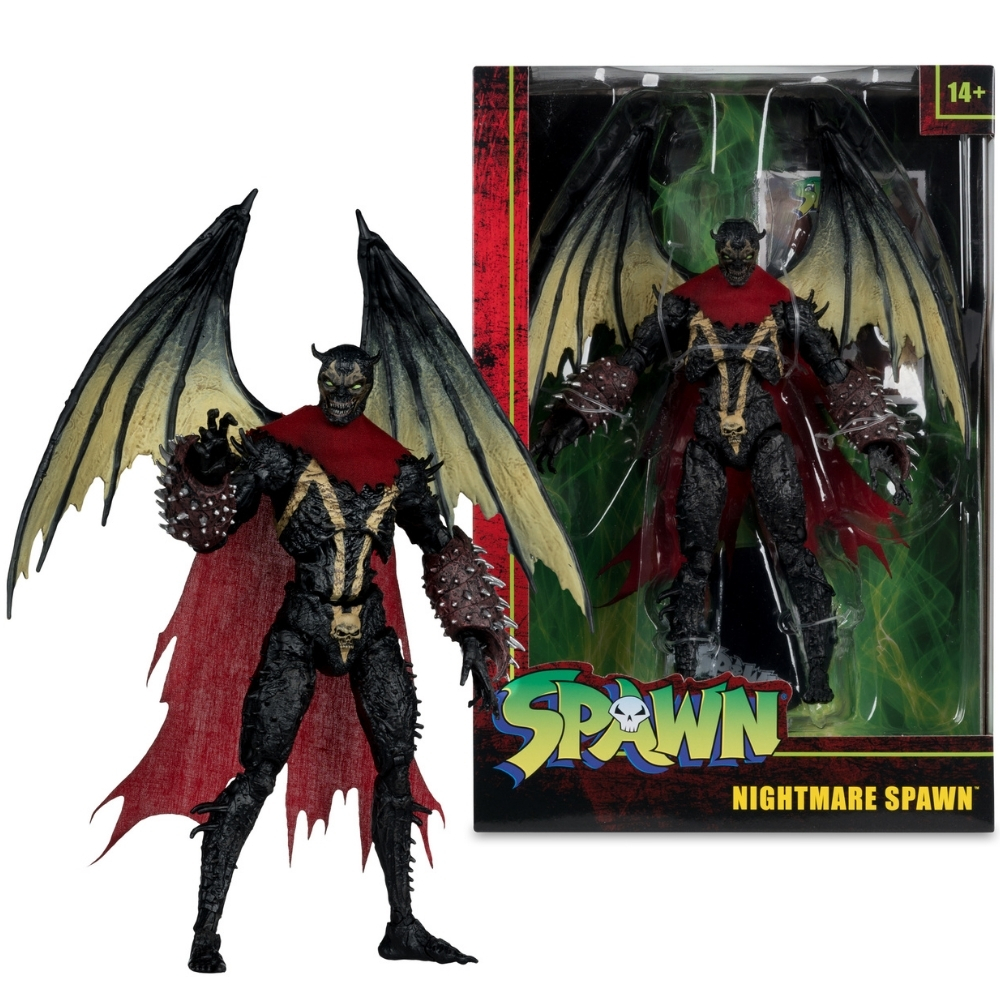 Action figure Nightmare Spawn con grandi ali, mantello rosso e guanti con spuntoni.