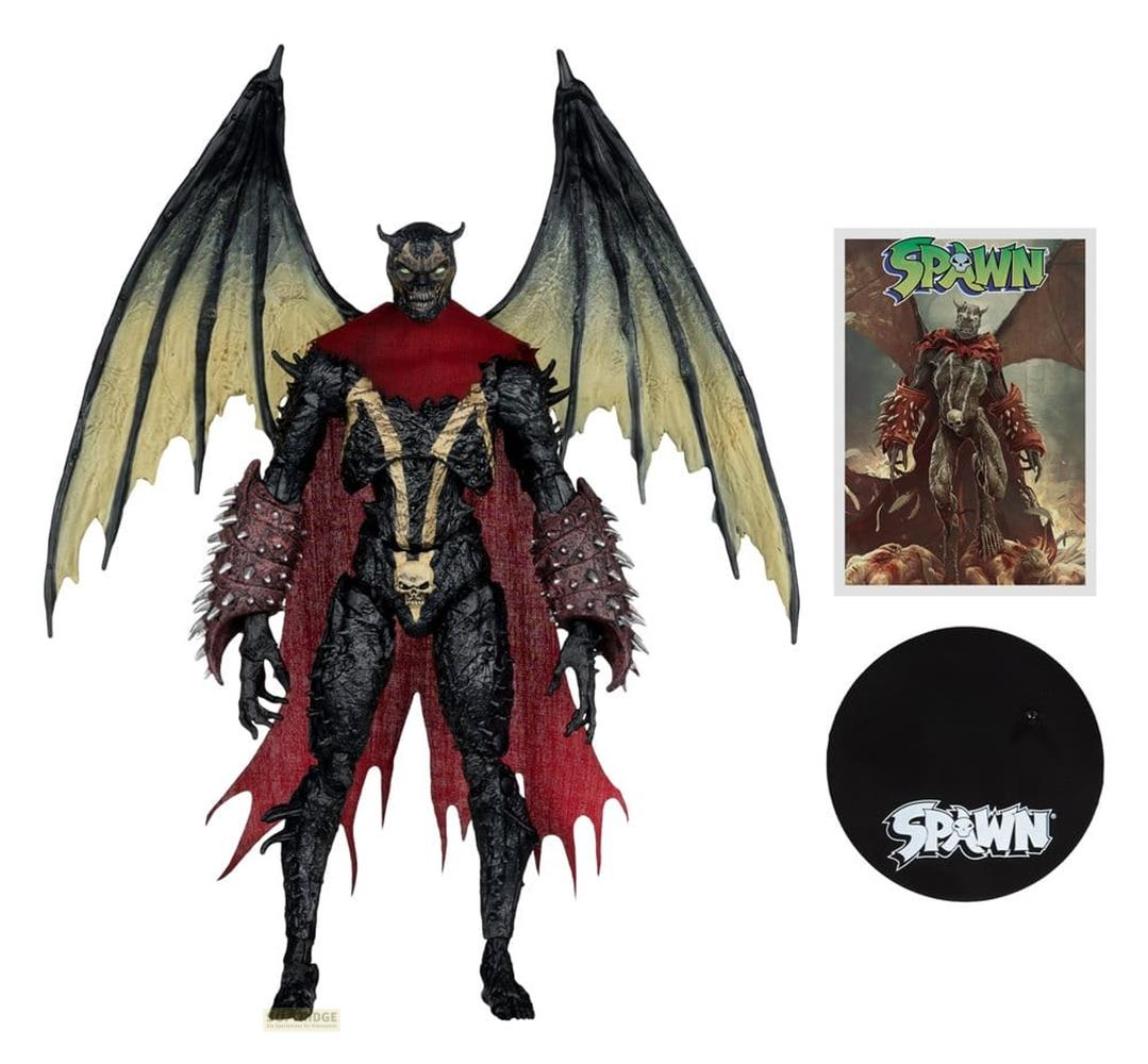 Action figure di Spawn con ali nere, mantello rosso, simbolo teschio e spuntoni.
