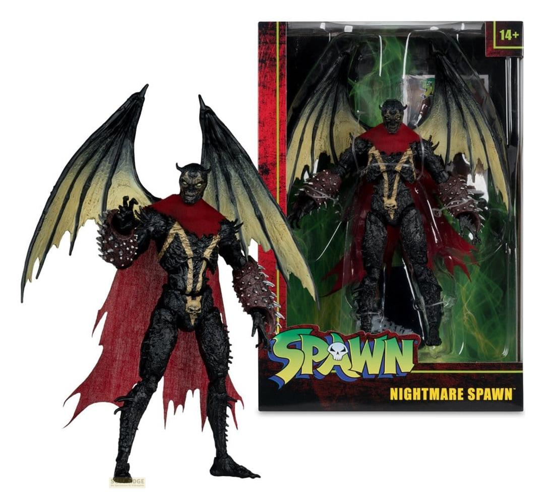 Action figure di Spawn con grandi ali, mantello rosso e braccia chiodate. Confezionata in scatola.