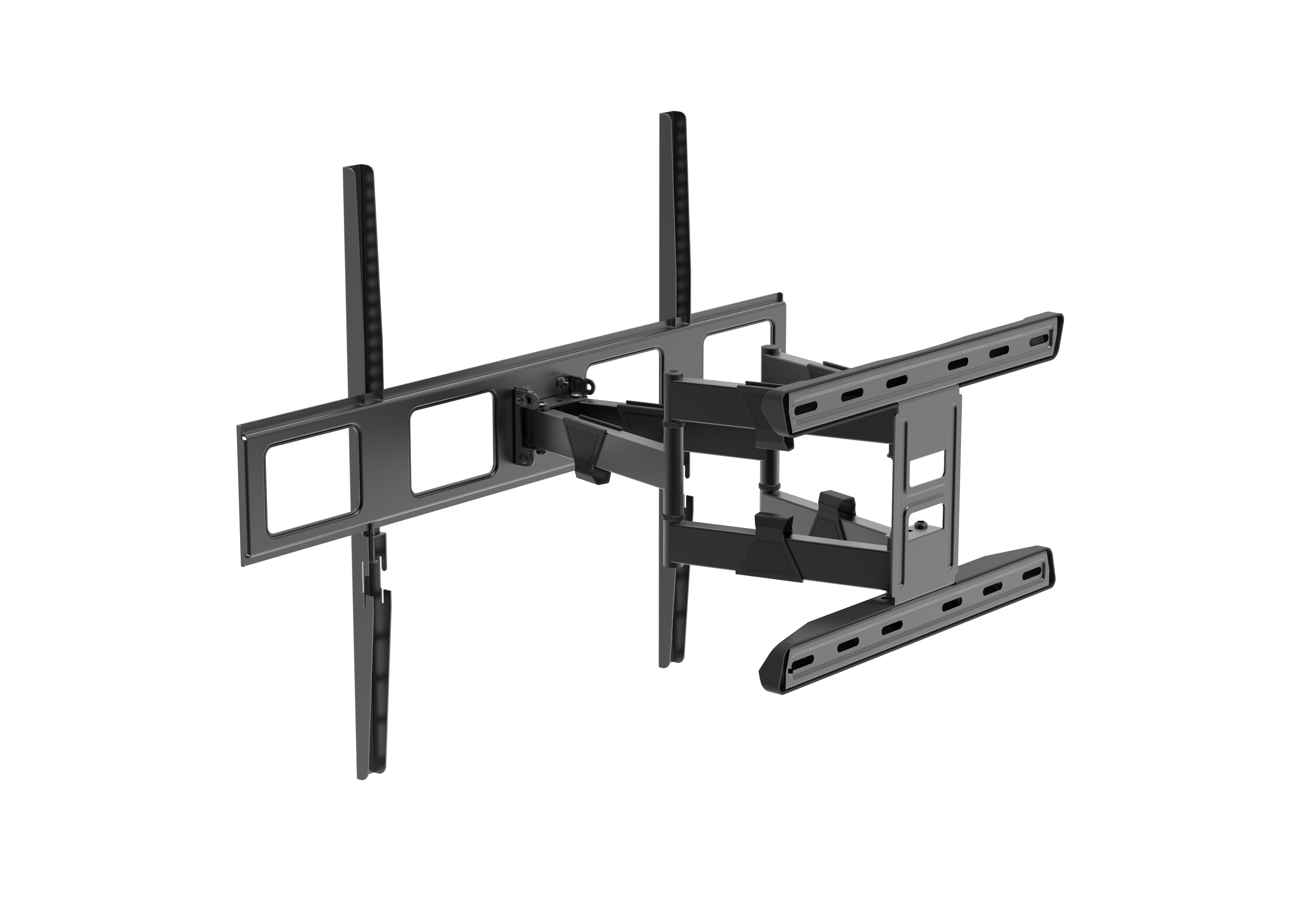 Soporte de pared negro ajustable para TV con brazos extensibles.