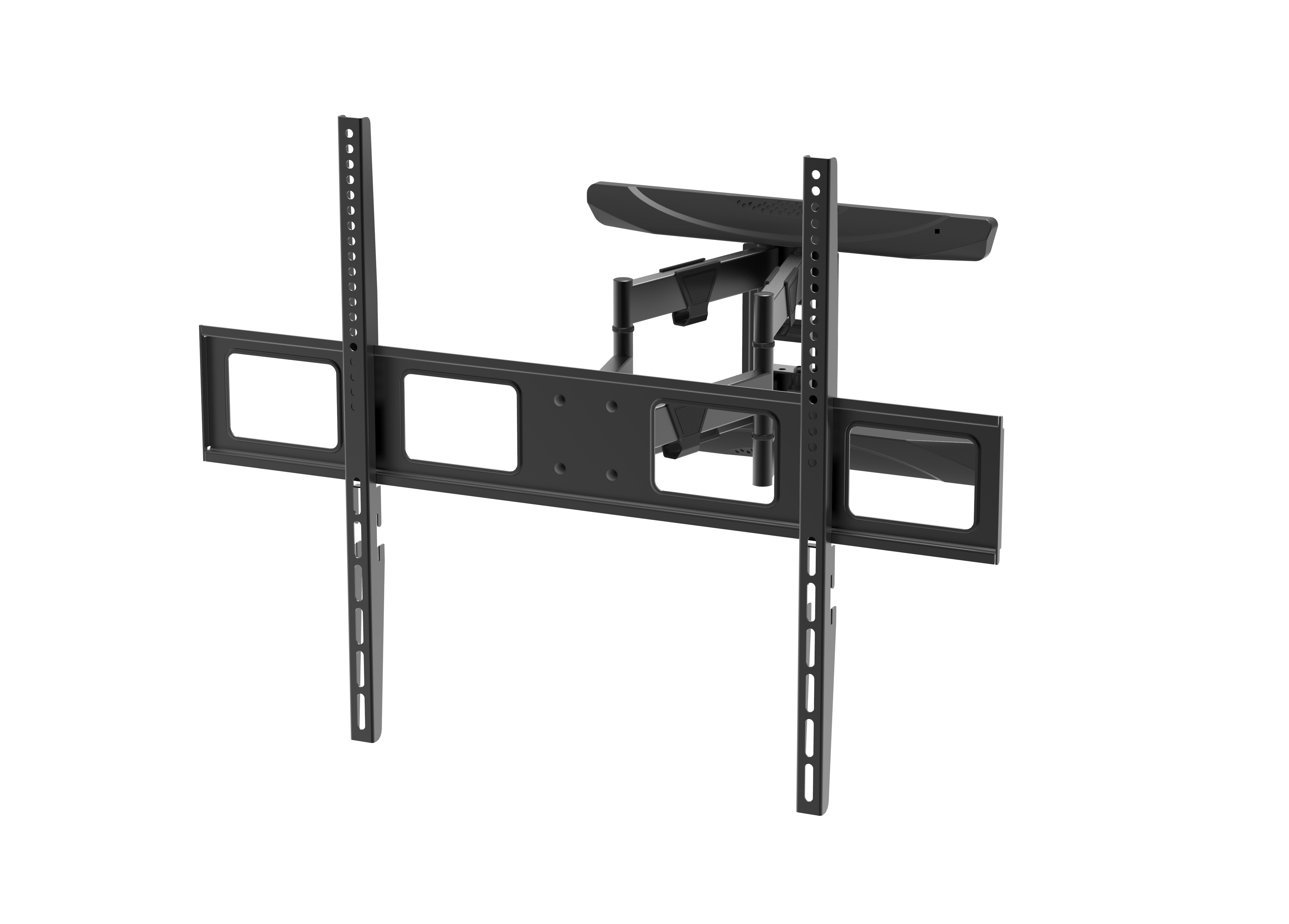 Un brazo de pared negro ajustable para TV con placas VESA y juntas articuladas.
