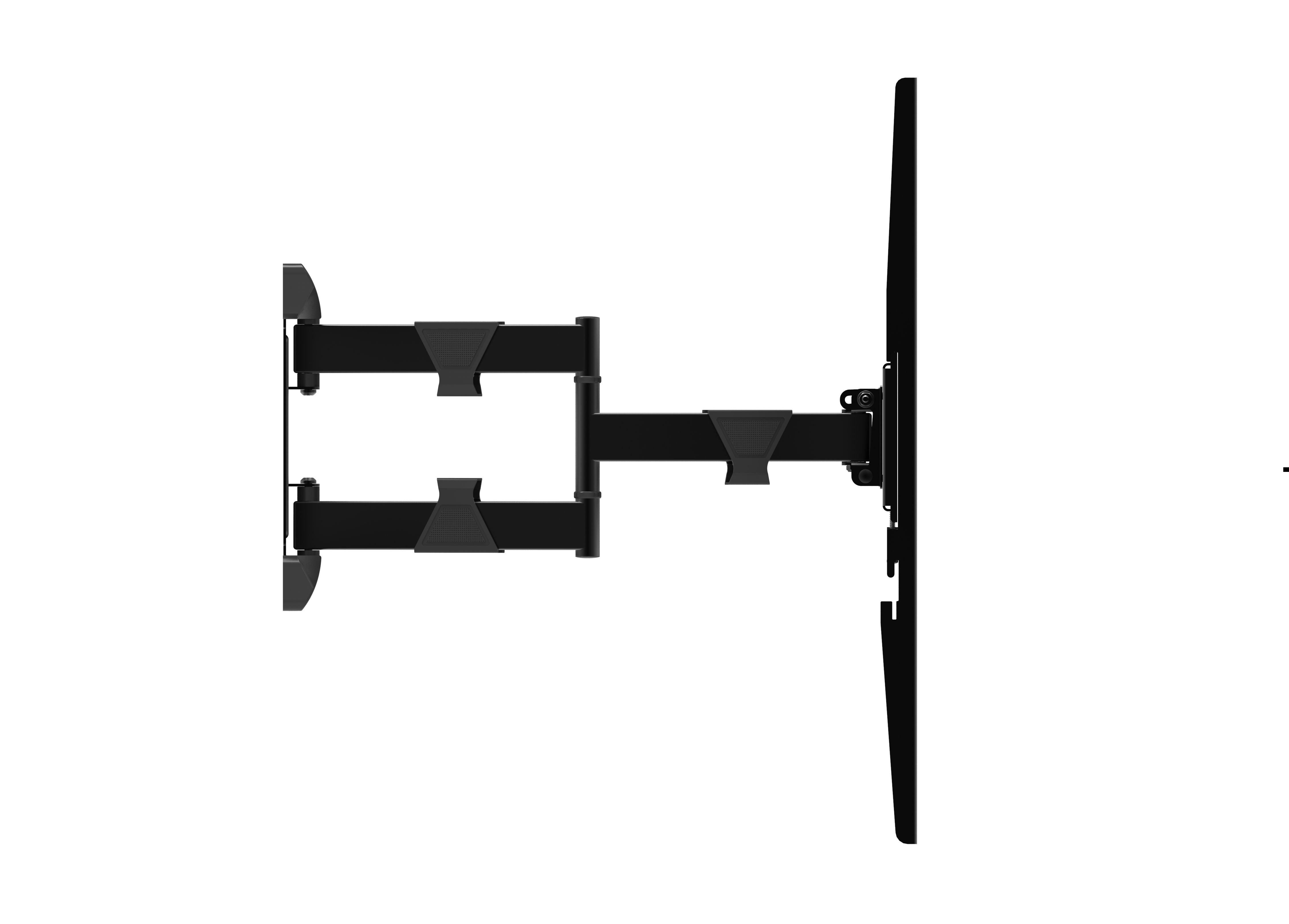 Soporte de pared para TV negro con brazo extensible sobre fondo blanco.