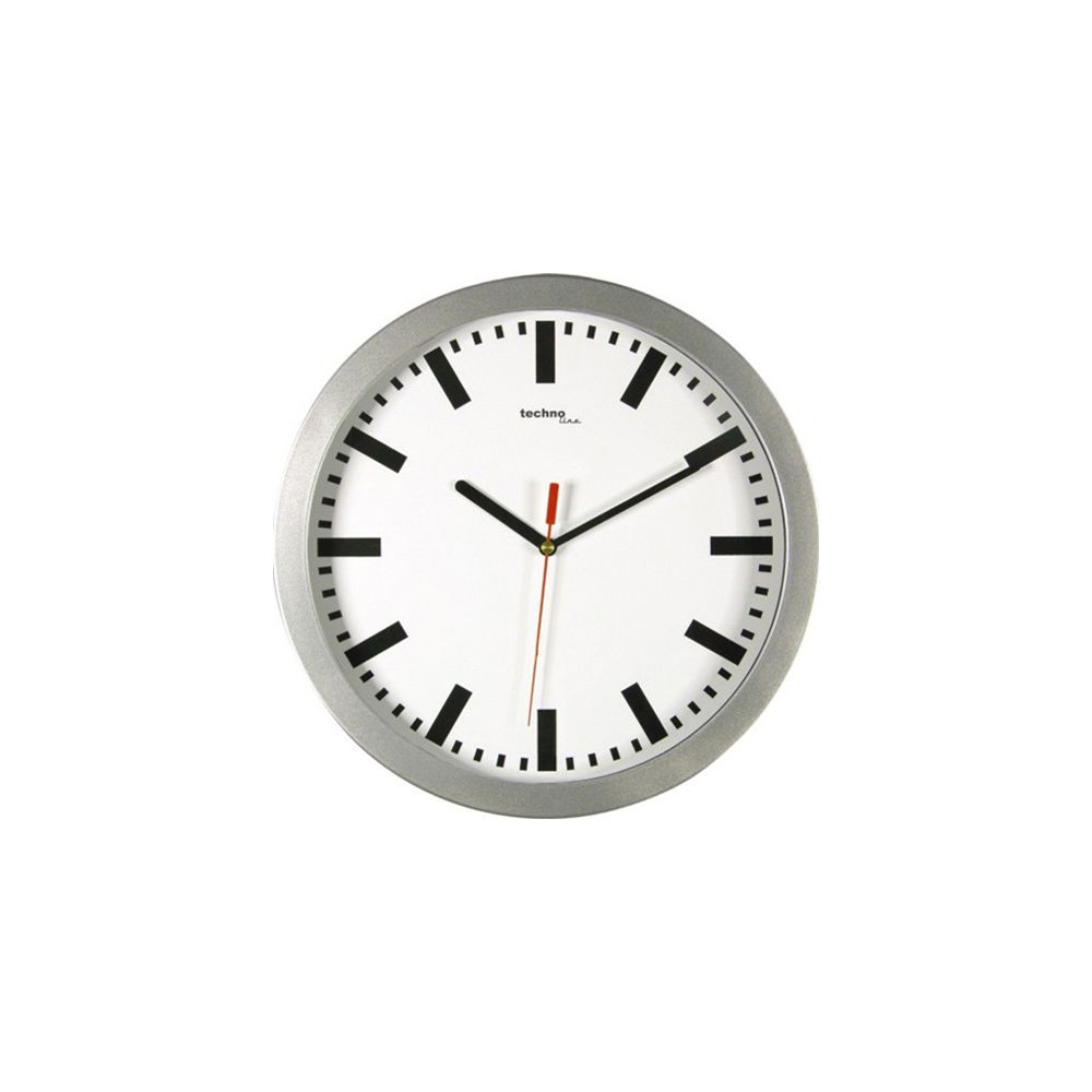 Eine weiße Wanduhr mit silbernem Rahmen und schwarzen Zeigern.