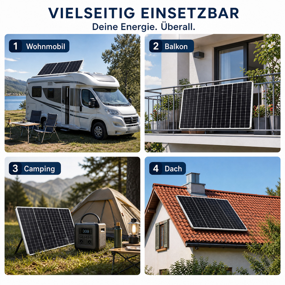 Vier Bilder zeigen Solarpanels auf Wohnmobil, Balkon, beim Camping und auf einem Dach.