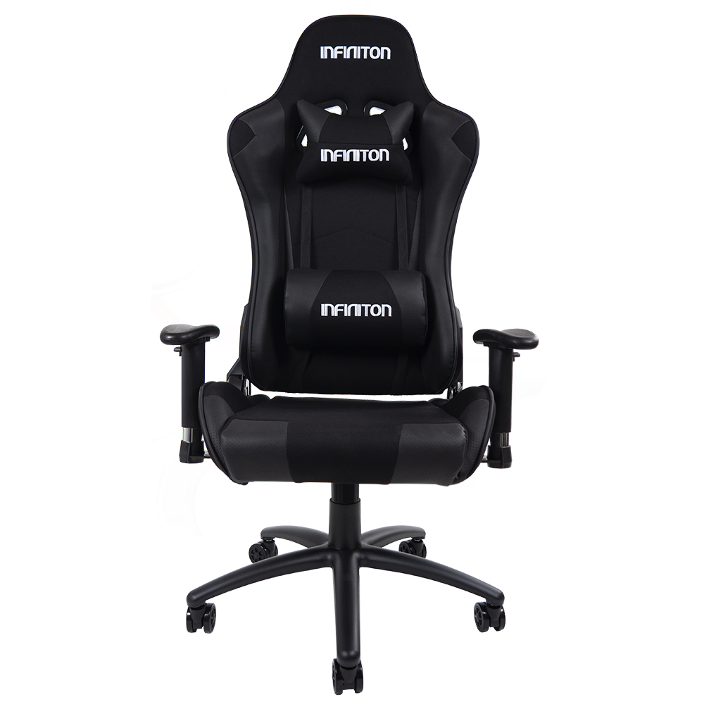 Silla gamer negra con reposacabezas y cojín lumbar, logo blanco.