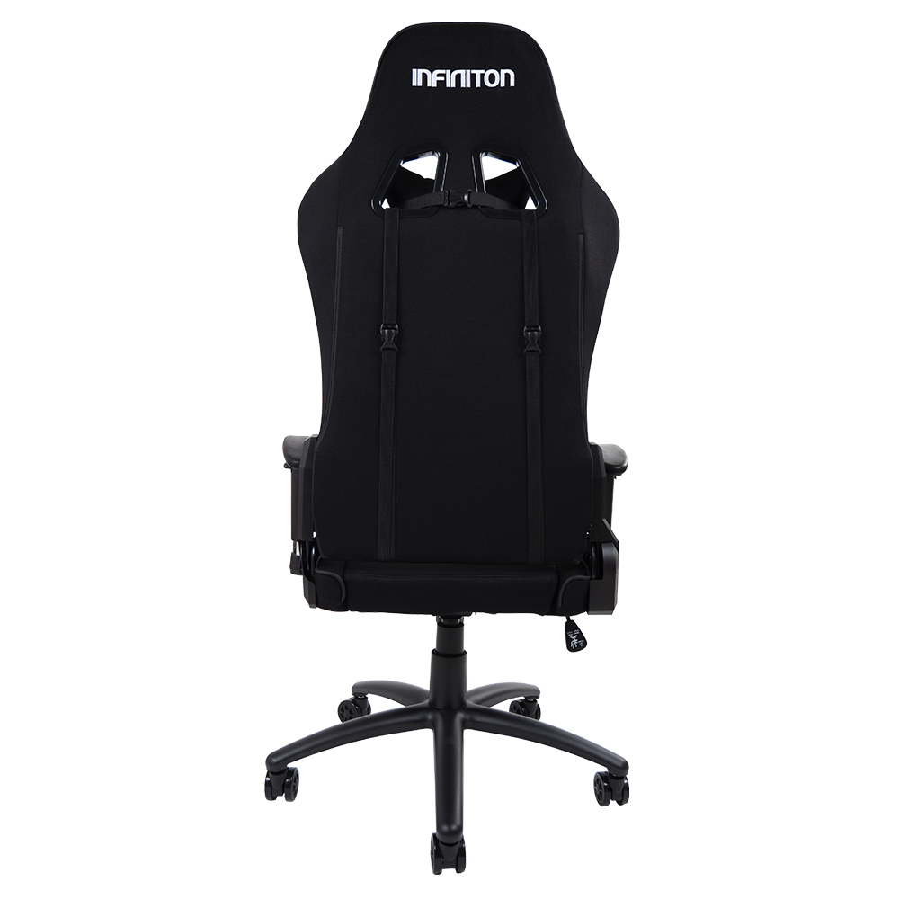 Vista trasera de una silla gamer negra con correas ajustables y el logo INFINITON.