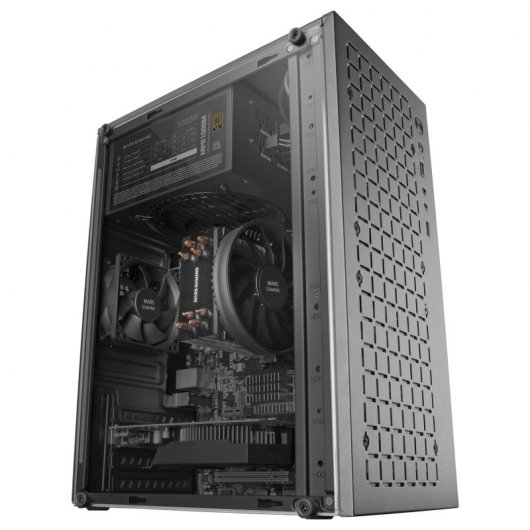 Un case per PC nero aperto che mostra i componenti interni come ventole e alimentatore.