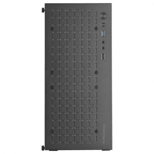 Case PC grigio con pannello frontale perforato e porte superiori.
