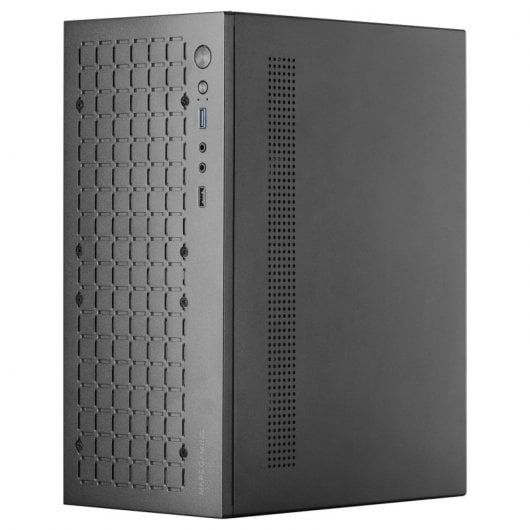 Case del computer nero con pannello frontale traforato e fessure di ventilazione laterali.