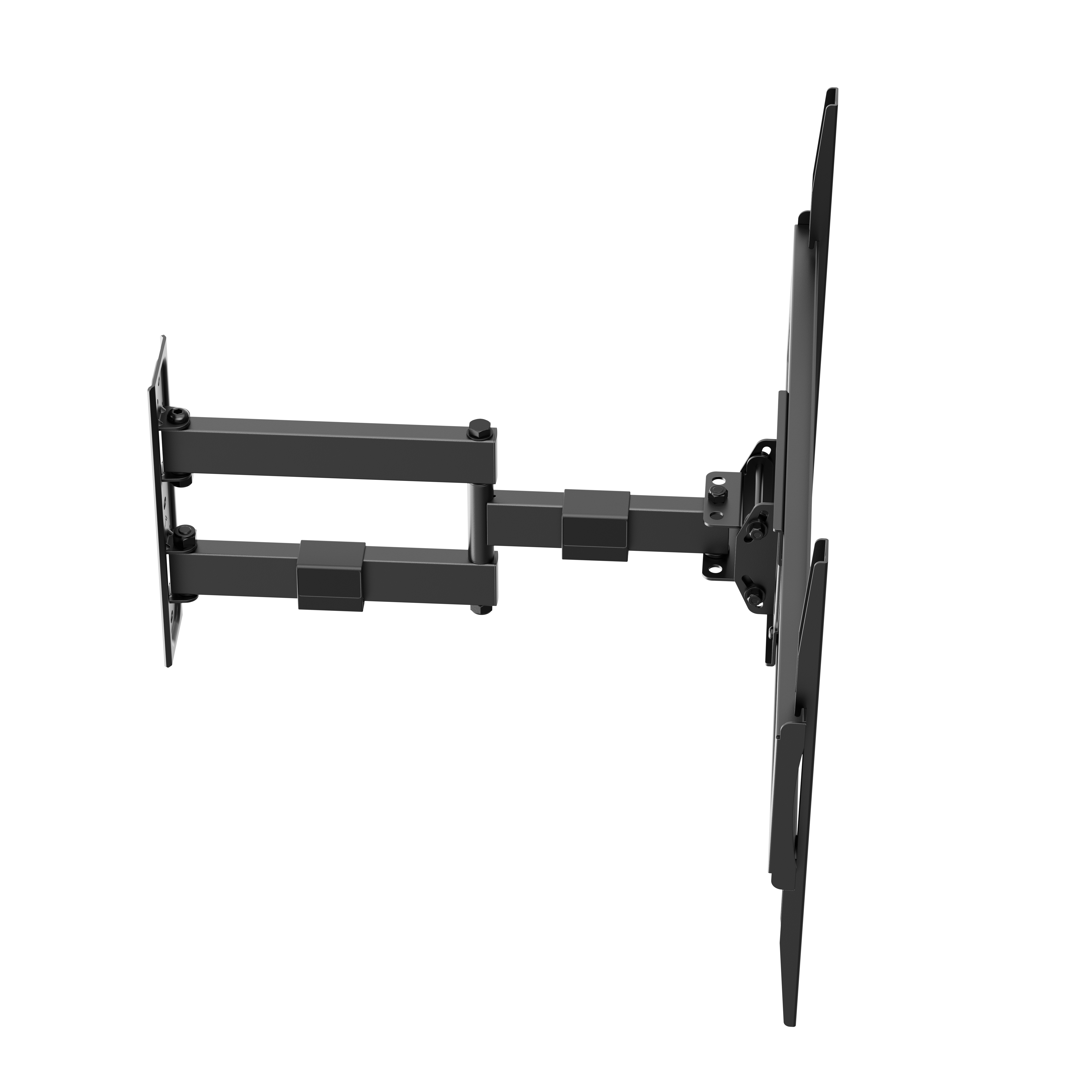 Supporto TV da parete nero snodabile con bracci regolabili, su sfondo bianco.