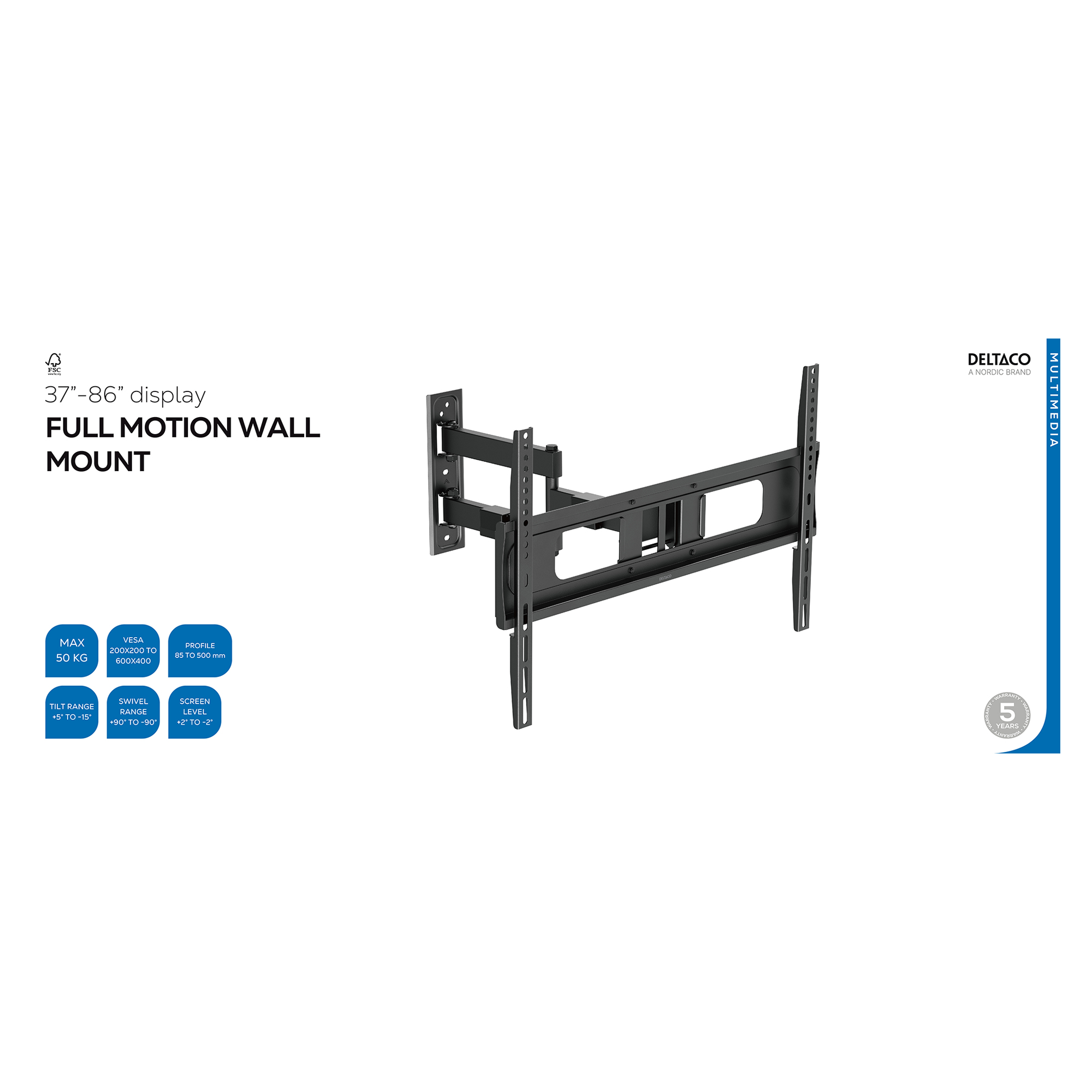 Supporto da parete nero orientabile per display 37-86", carico max. 50 kg.