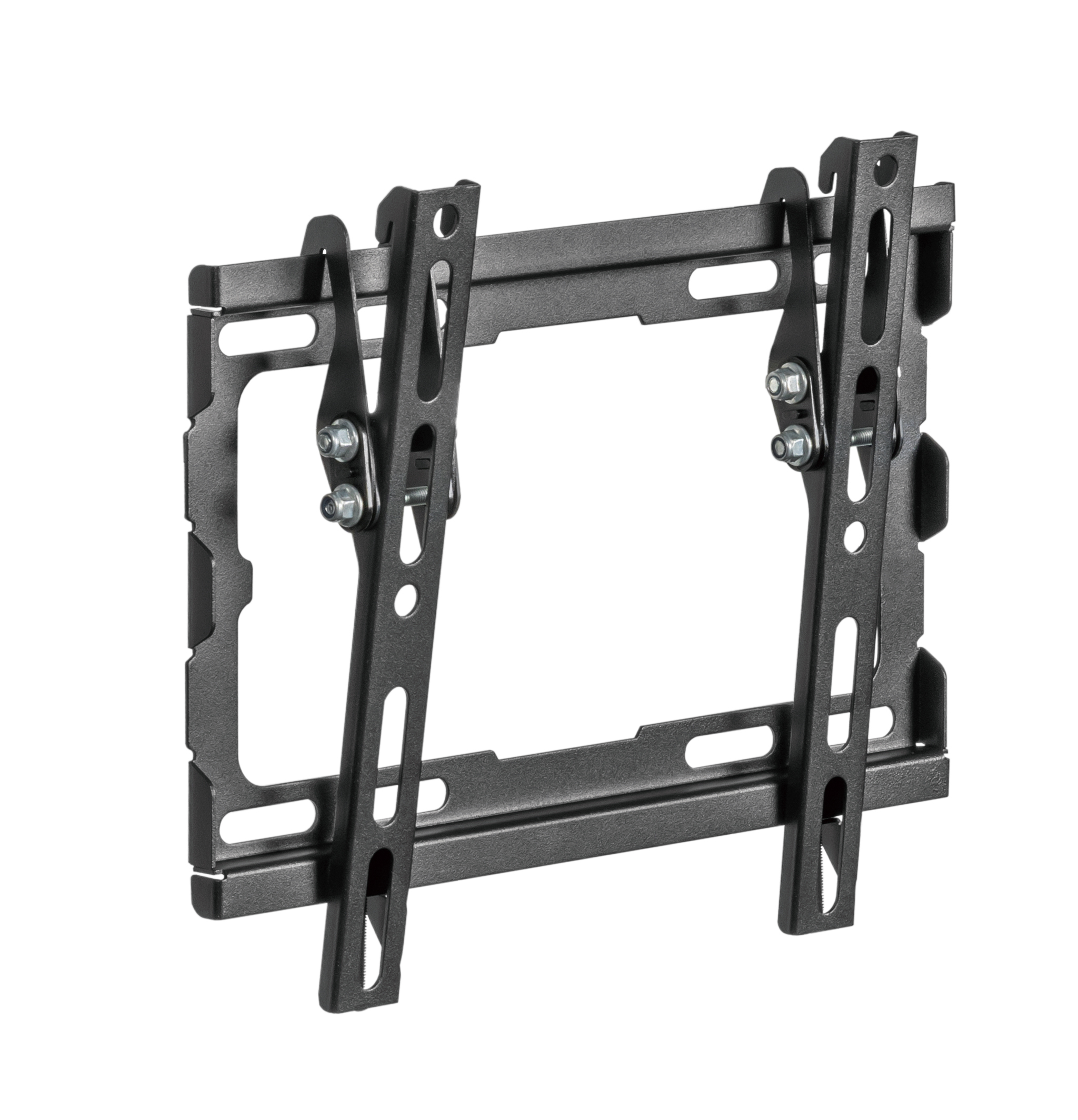 Un supporto da parete per TV nero con bracci e viti regolabili.