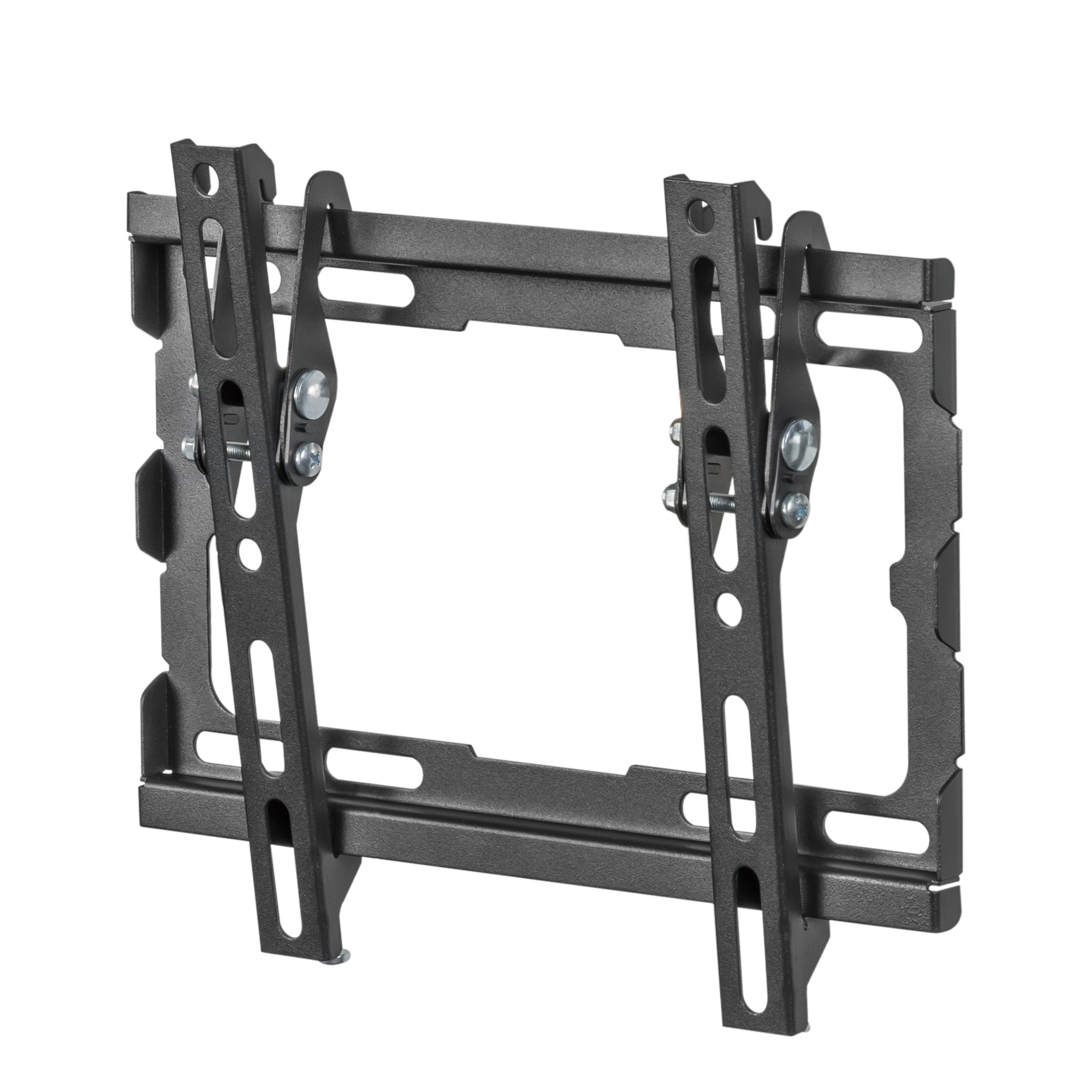 Supporto da parete TV nero con bracci e viti regolabili, su sfondo bianco.
