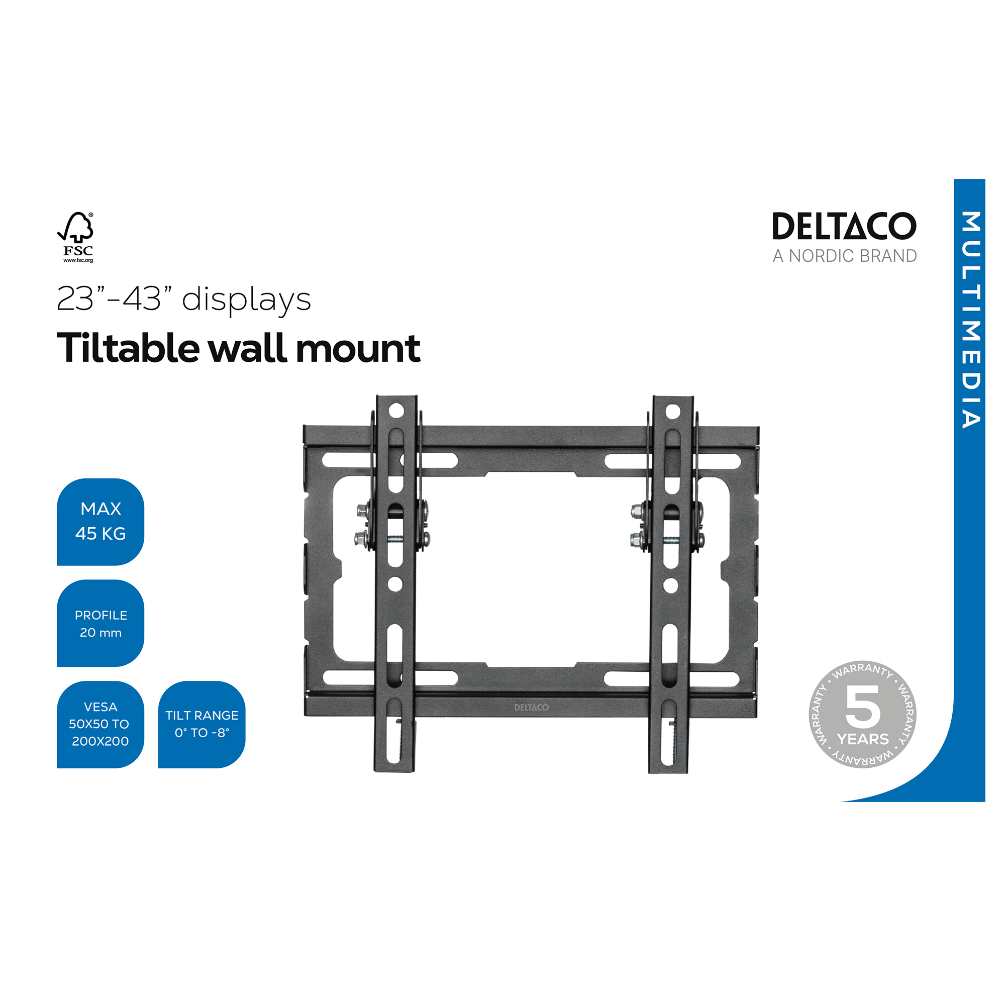 Supporto da parete inclinabile nero per display da 23"-43", carico max 45kg.