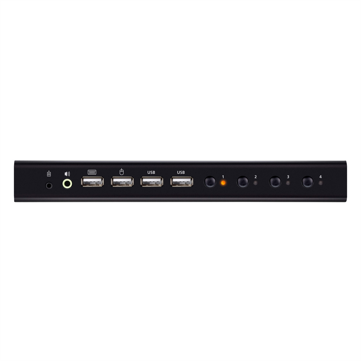 Switch USB nero a 4 porte con jack audio/video e indicatori LED.
