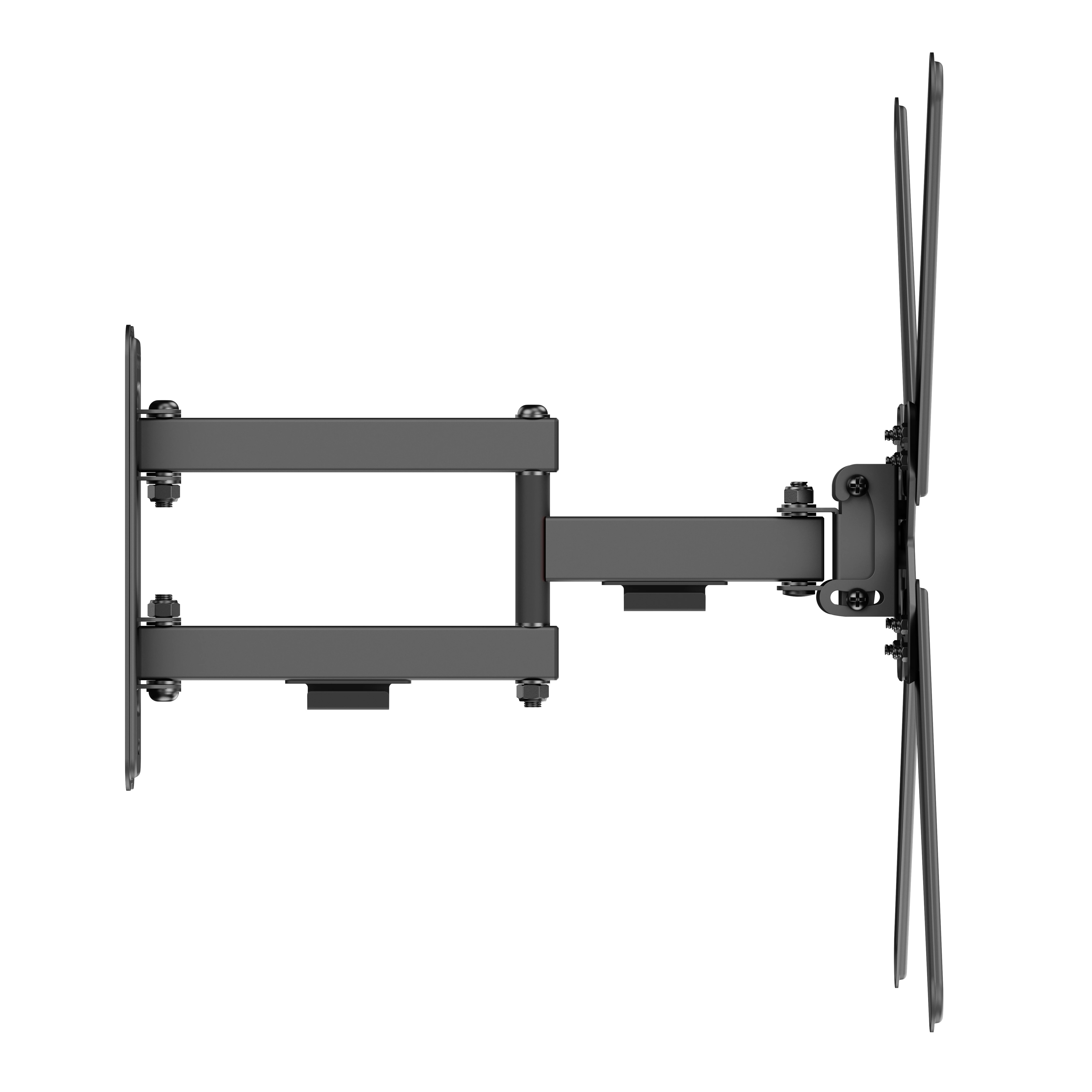 Un soporte de pared articulado negro para TV se muestra sobre un fondo blanco.