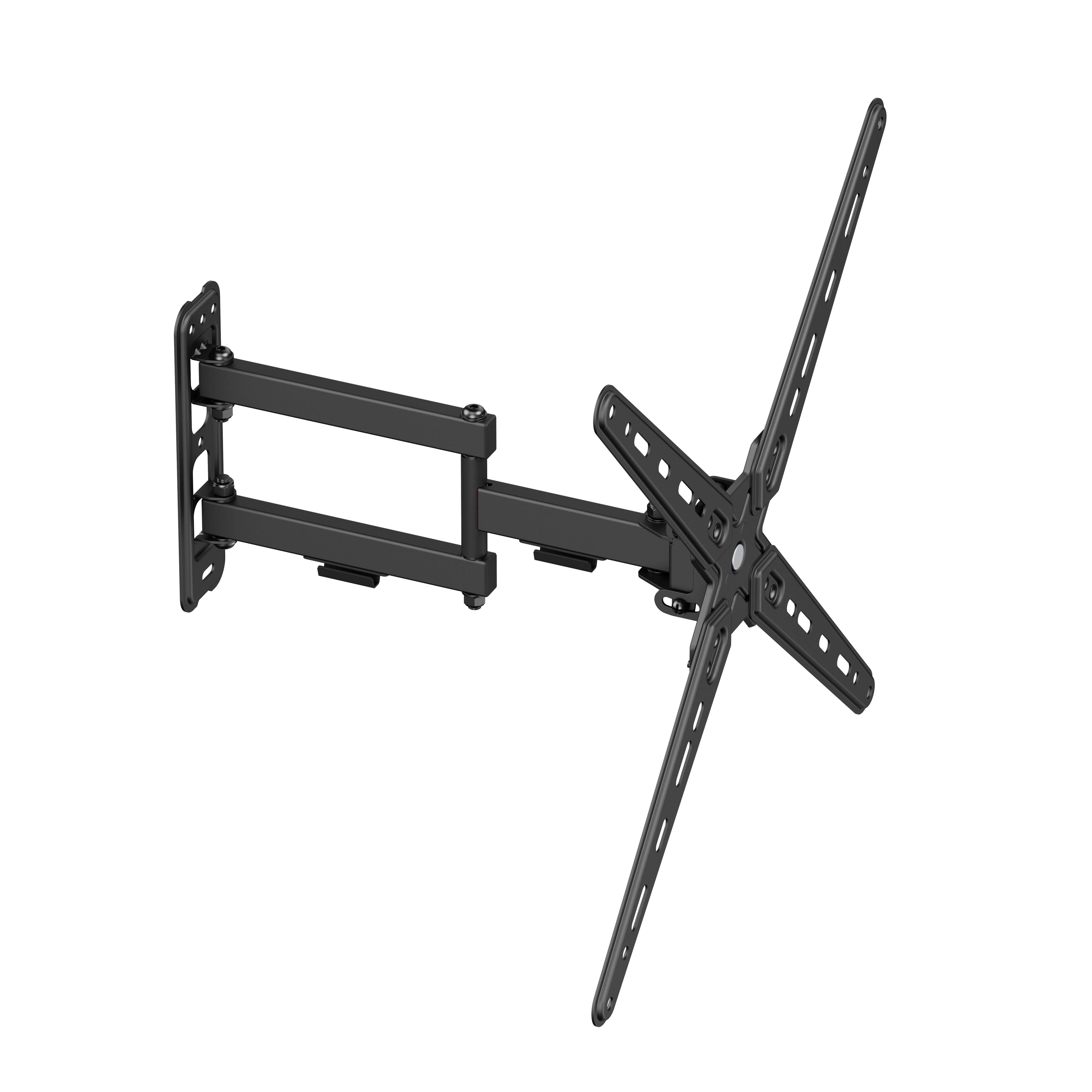 Soporte de pared articulado para TV negro con dos brazos y placa VESA.
