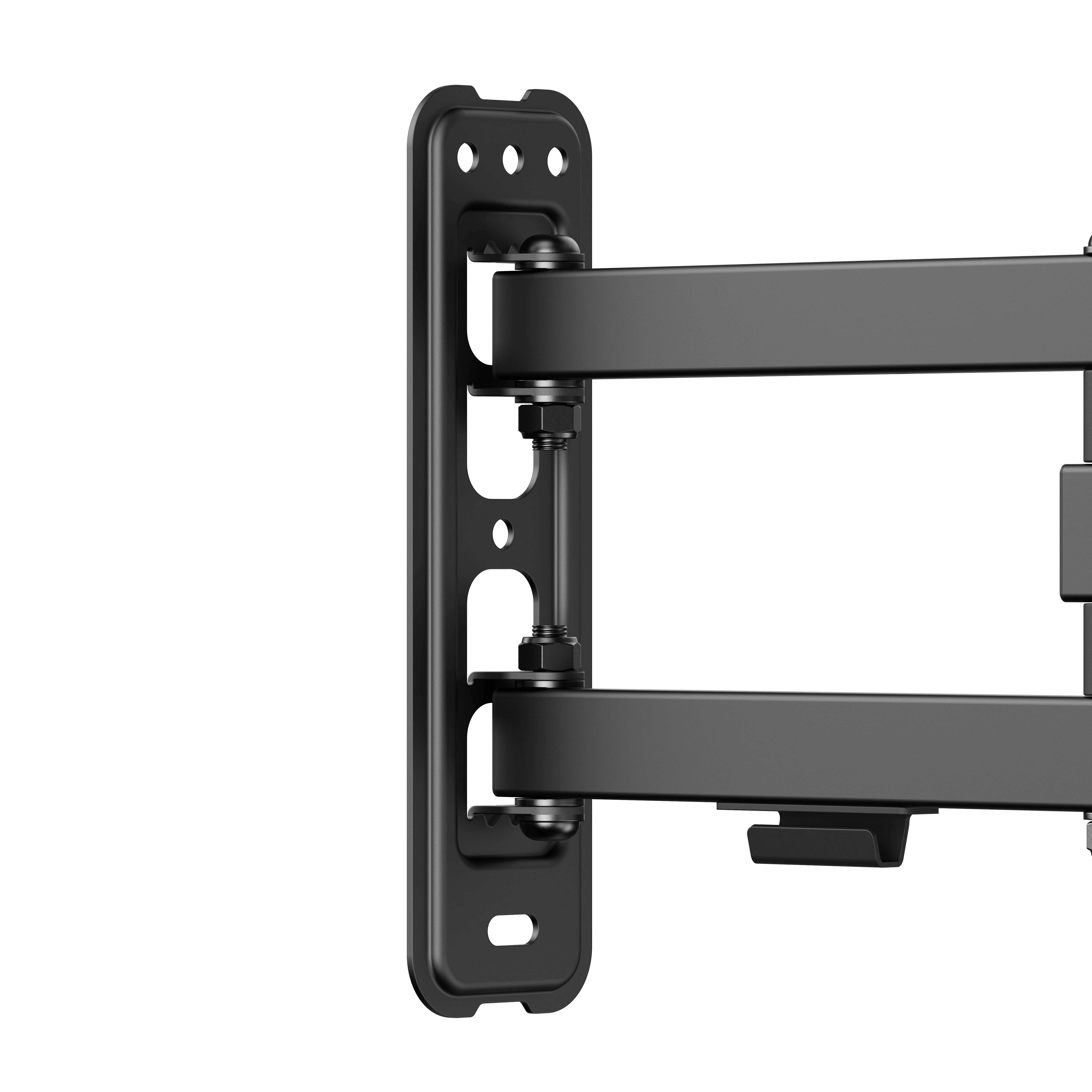 Soporte de pared articulado para TV negro con tornillos y pernos sobre fondo blanco.