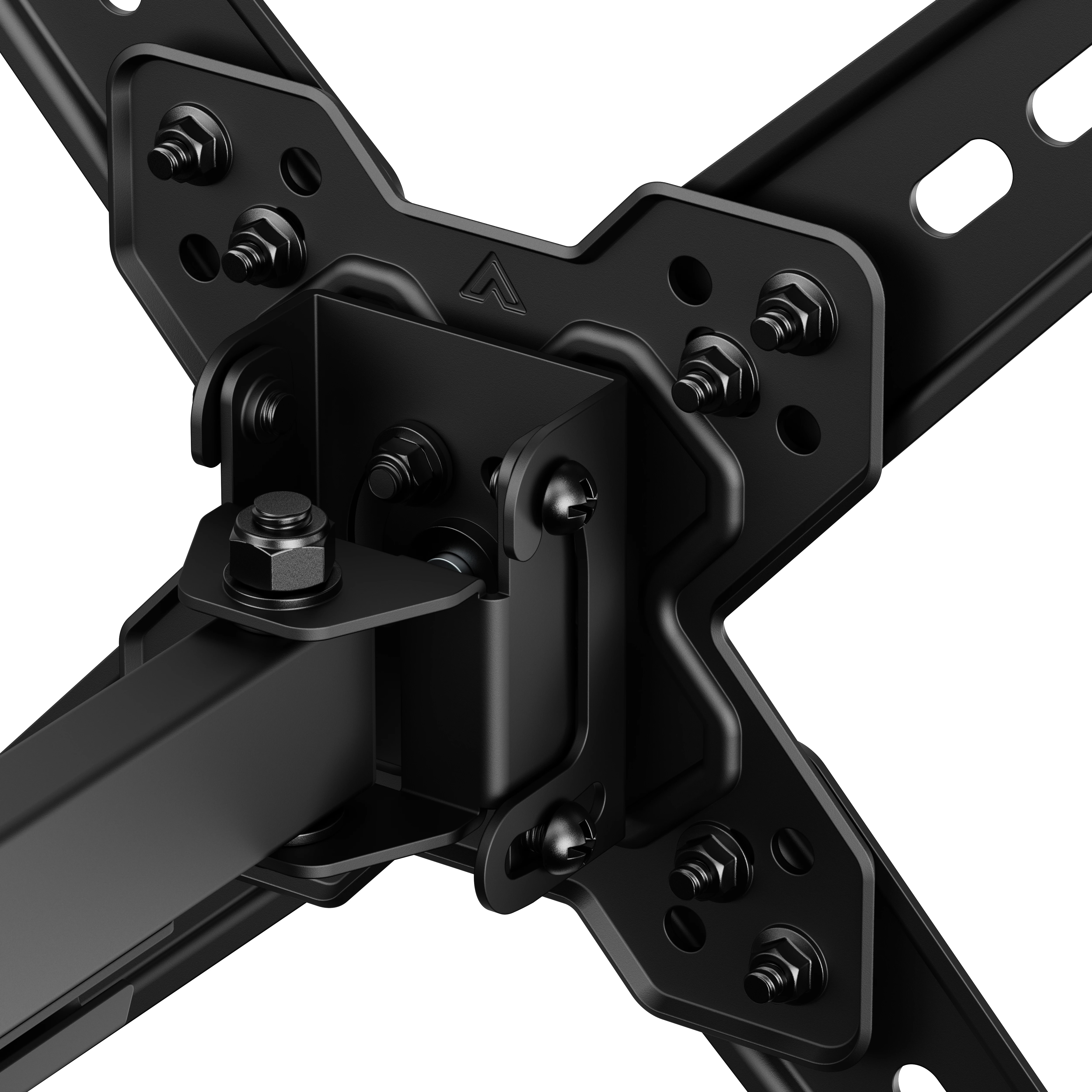 Soporte de metal negro con tornillos y tuercas sobre fondo blanco.