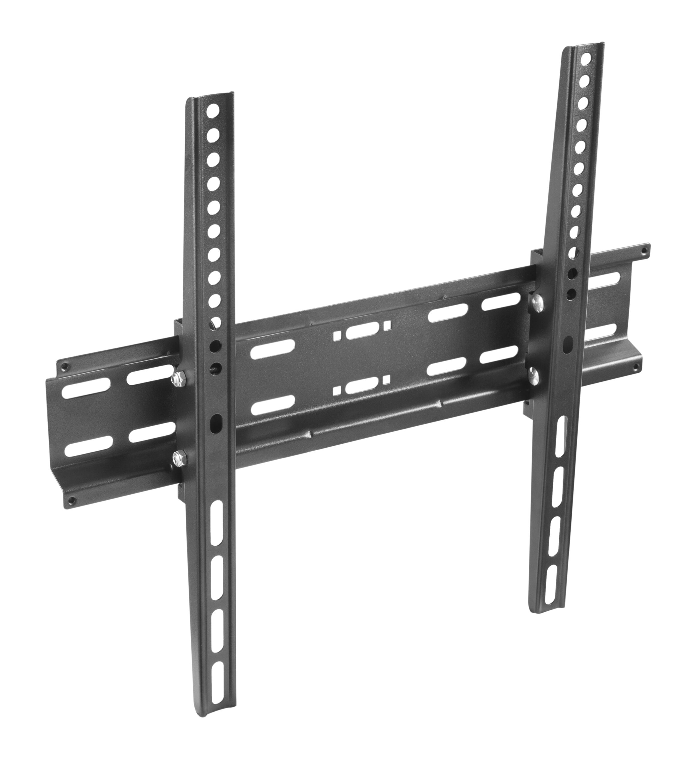 Un soporte de pared para TV gris con ranuras y agujeros.