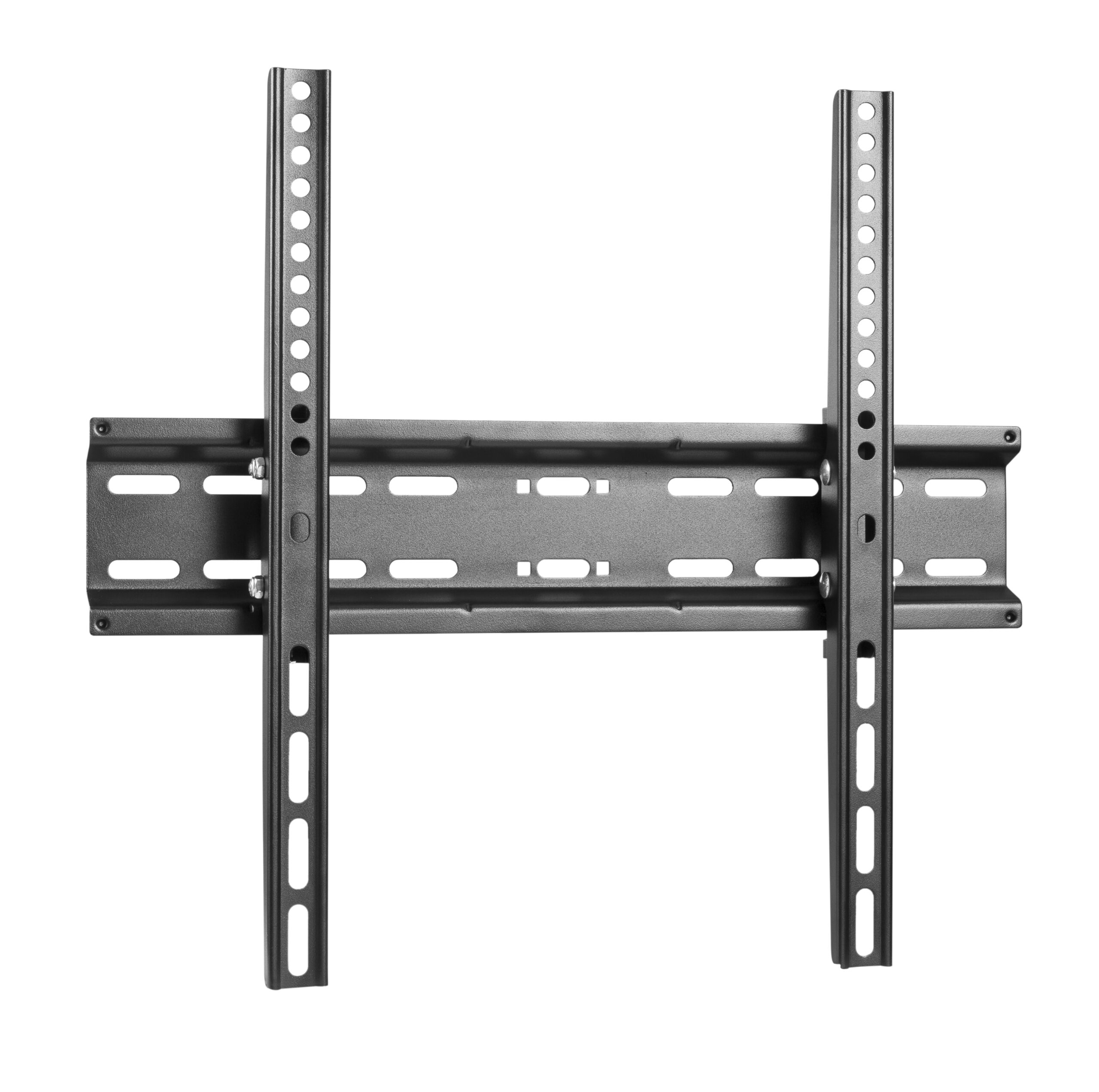 Un soporte de pared para TV gris con brazos ajustables y muchos agujeros.