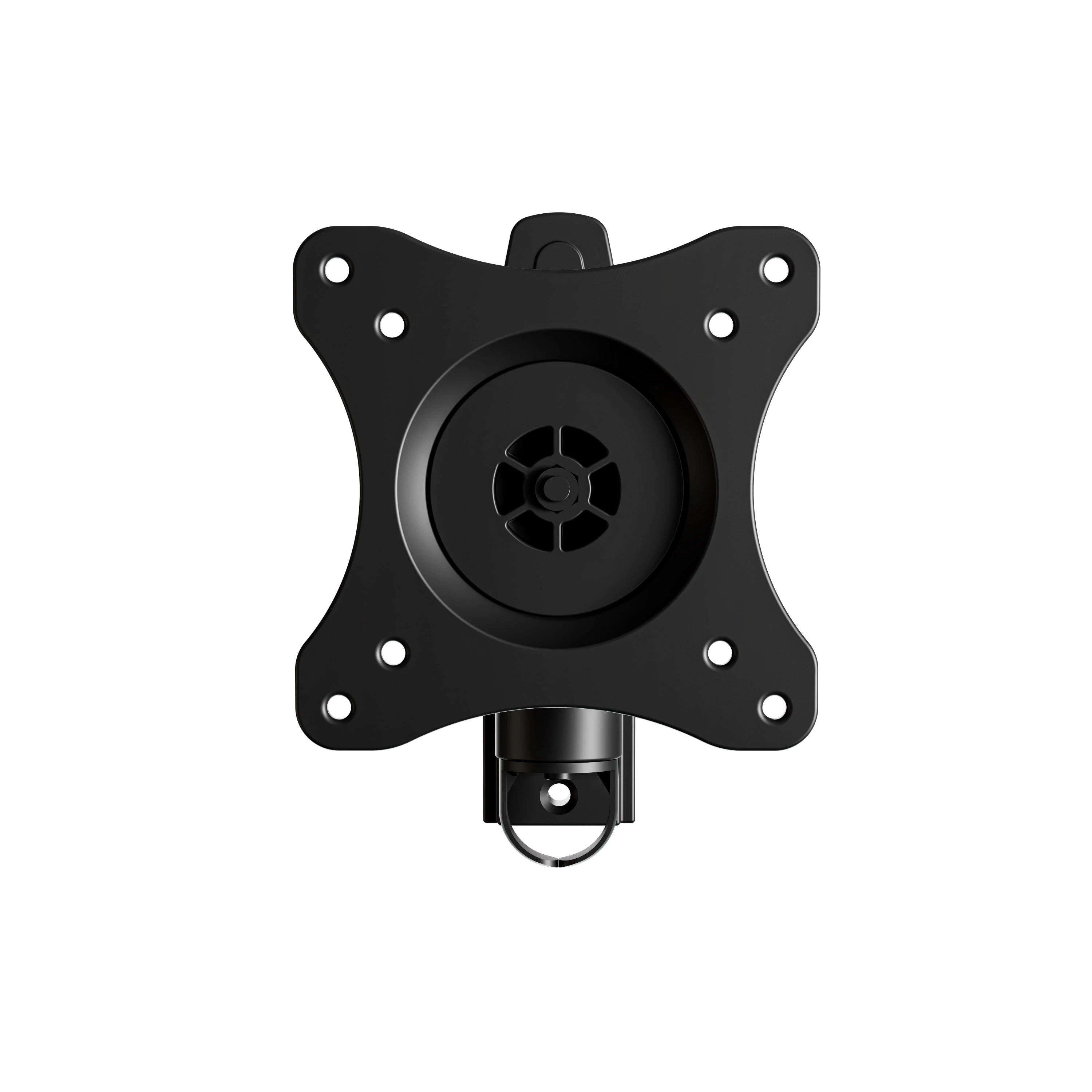 Un adattatore per supporto monitor nero con fori rotondi.