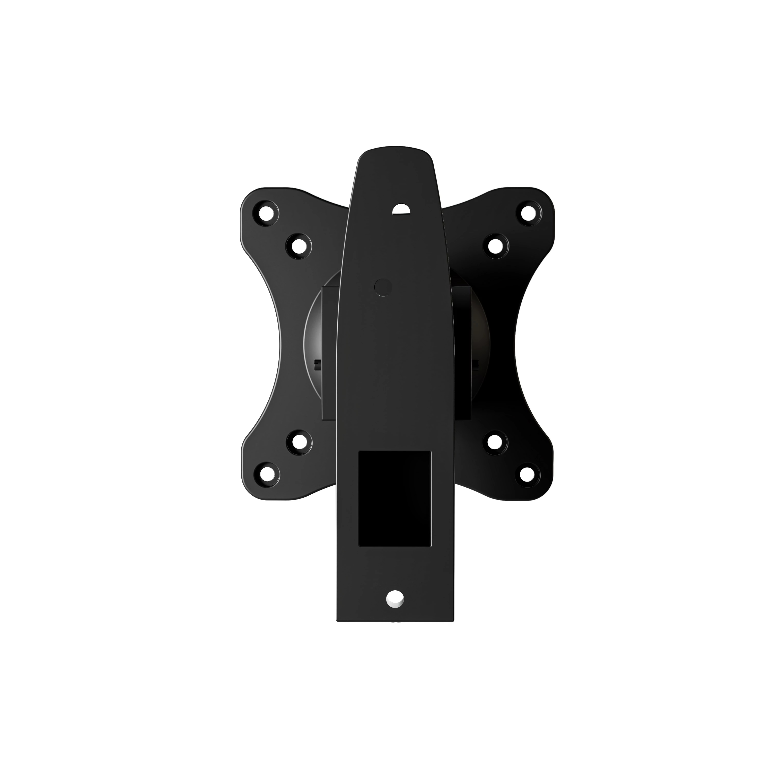 Un supporto per monitor nero con quattro fori per viti a schema VESA.