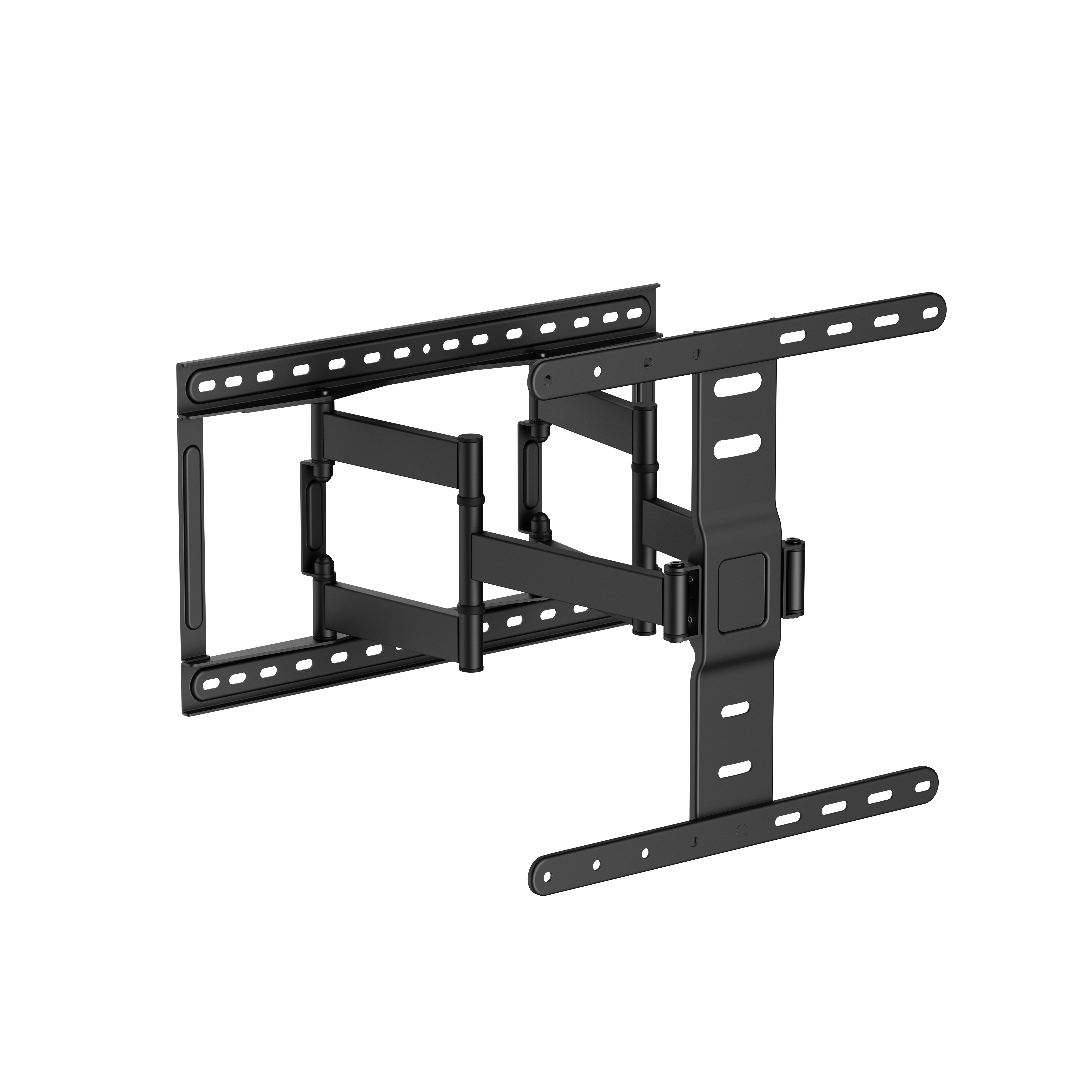 Schwarze, schwenkbare TV-Wandhalterung mit ausziehbaren Armen und Lochung.