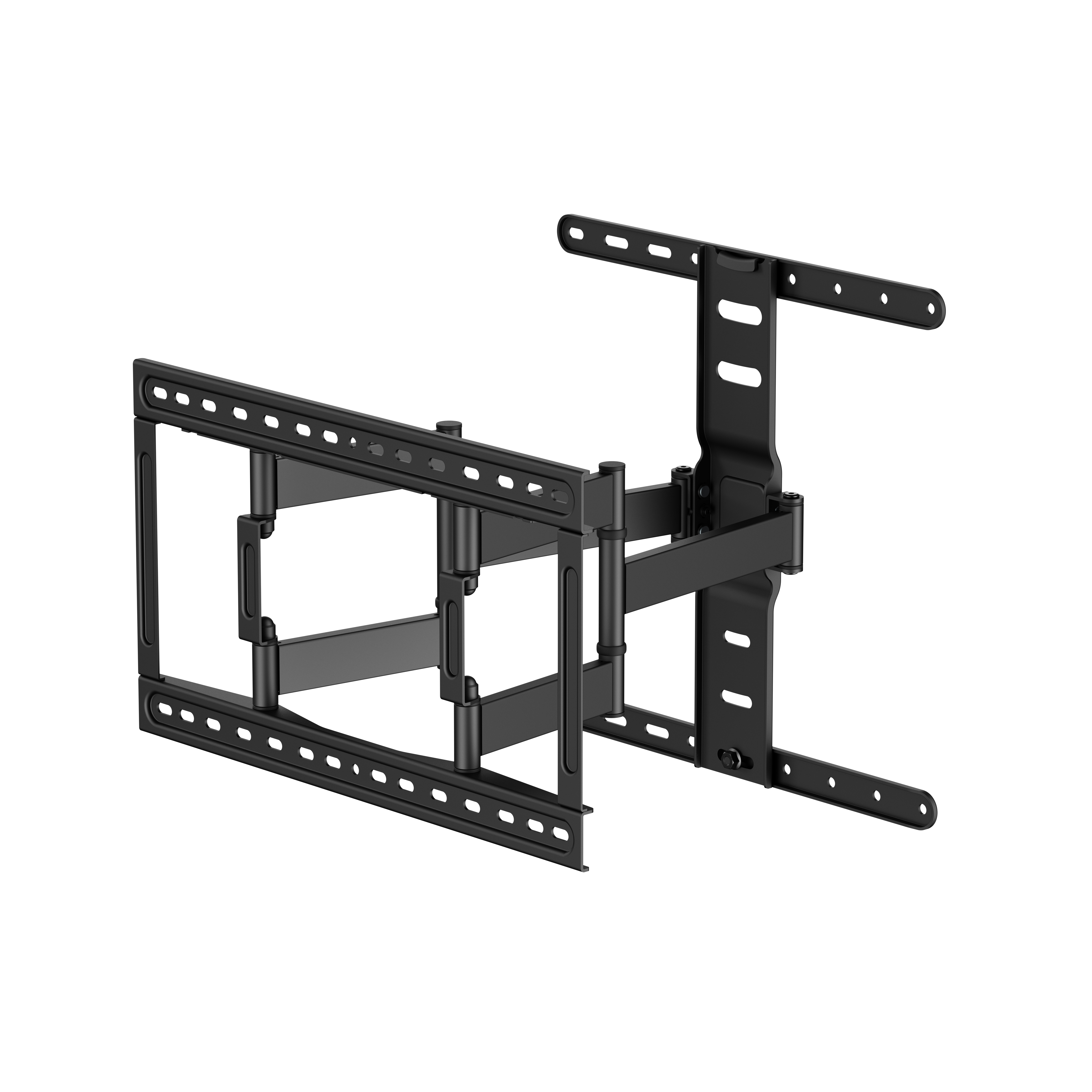 Schwarze, schwenkbare TV-Wandhalterung mit verstellbaren Armen und Löchern.