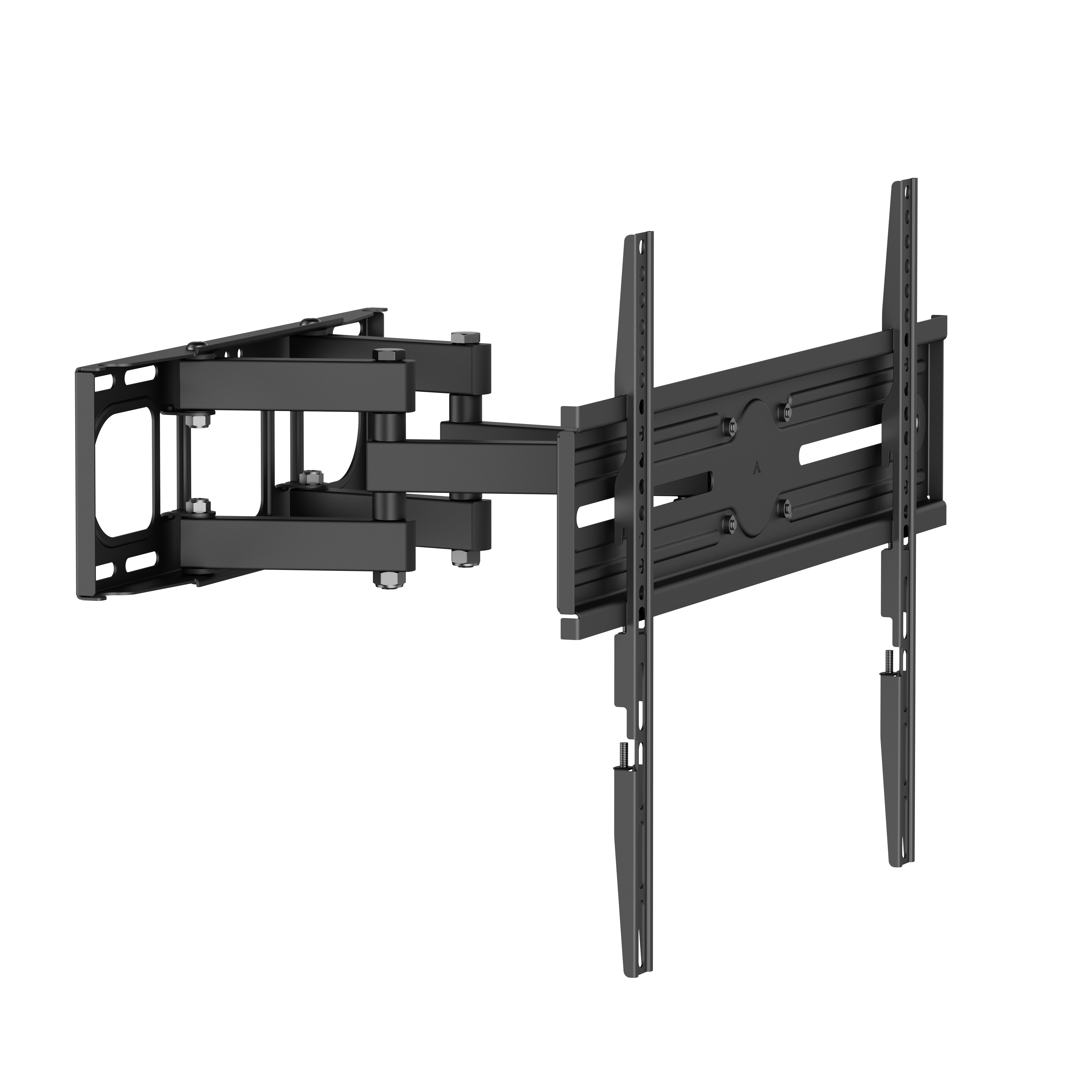 Supporto da parete TV nero snodato multi-articolato con bracci regolabili.