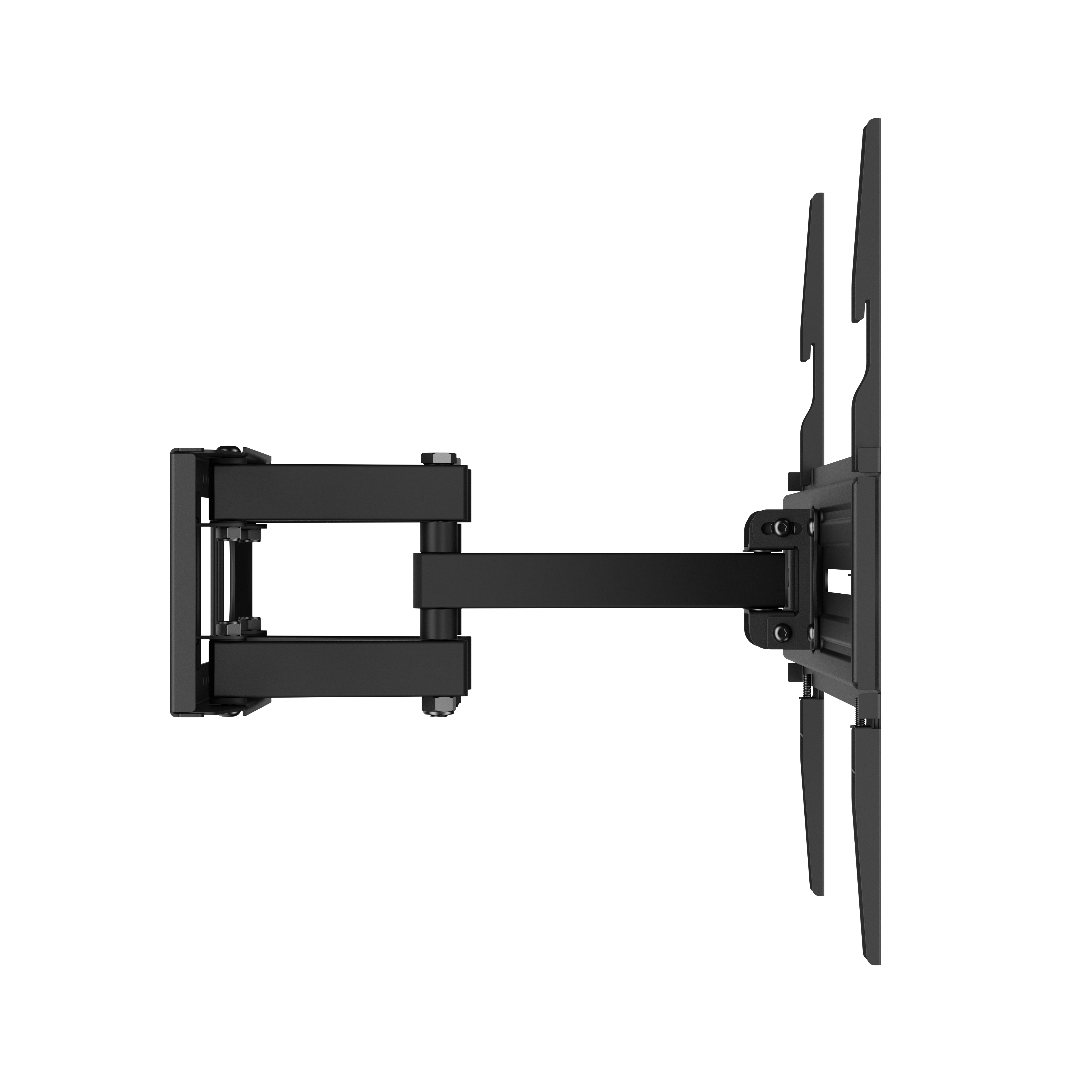 Supporto TV da parete nero snodabile con braccio estensibile.