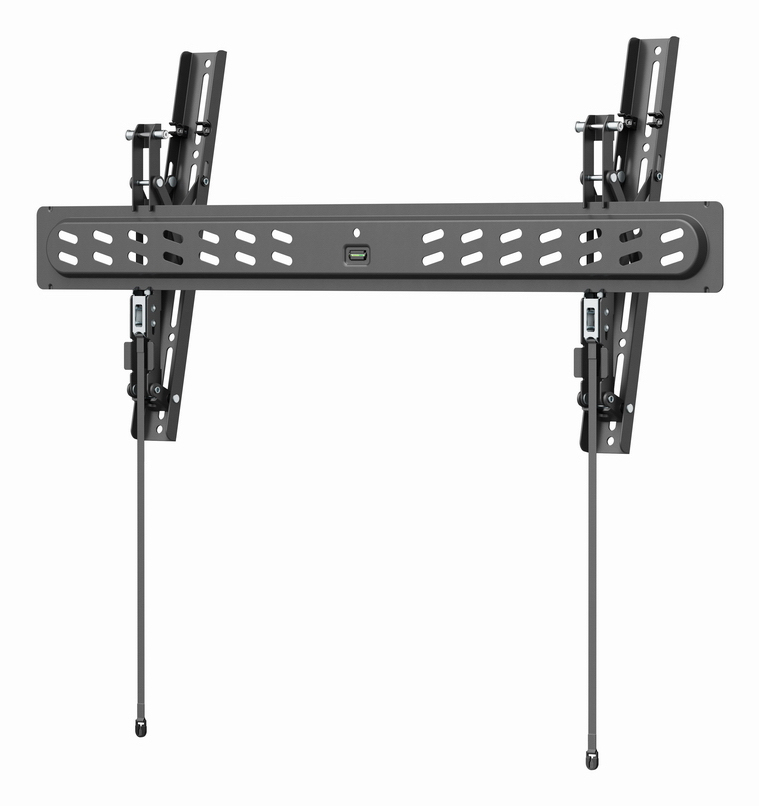 Supporto da parete TV nero con bracci regolabili e porta USB.