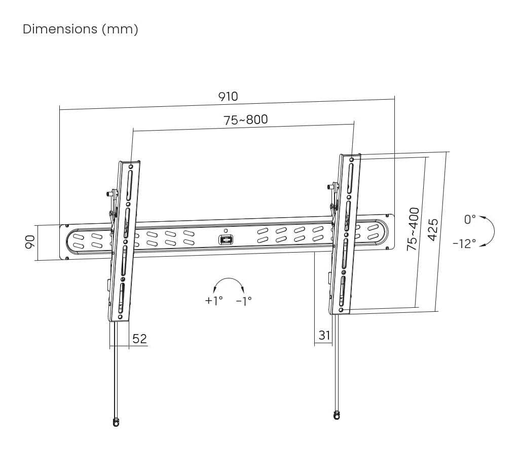 Disegno tecnico di un supporto da parete per TV con dimensioni in mm.