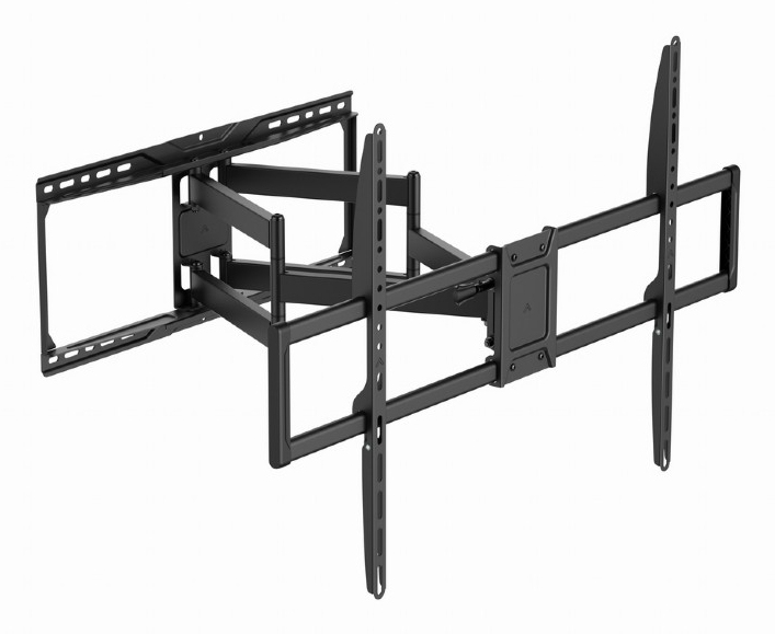 Un supporto TV da parete nero e regolabile con bracci estensibili su sfondo bianco.