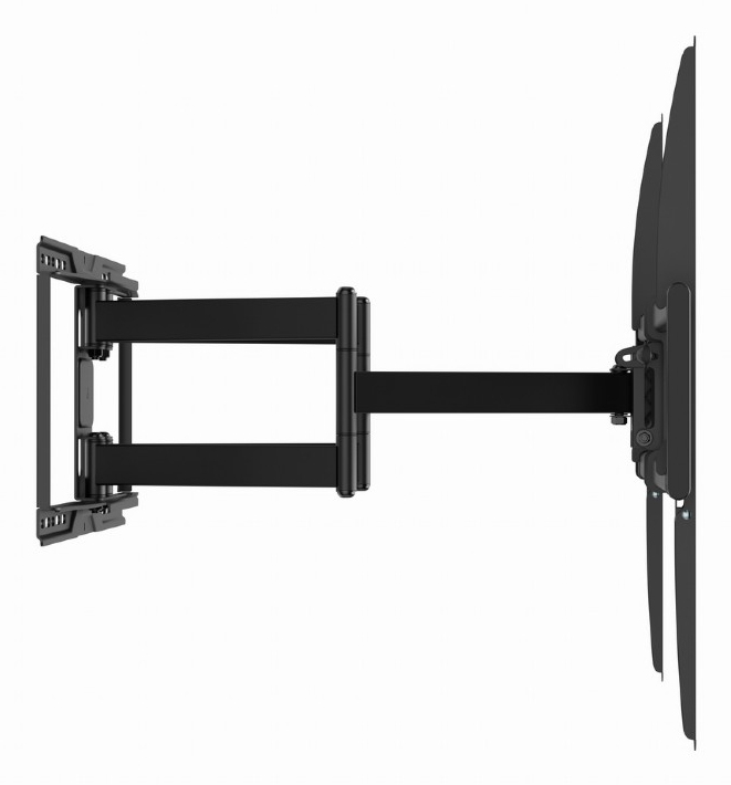 Supporto TV da parete nero snodato con braccio estensibile, su sfondo bianco.