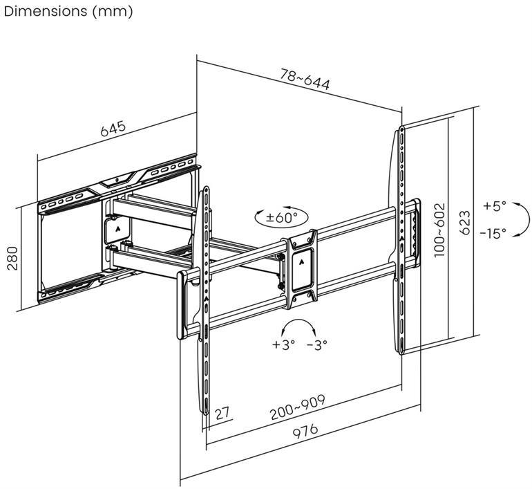 Disegno tecnico di un supporto a parete con dimensioni e angoli.