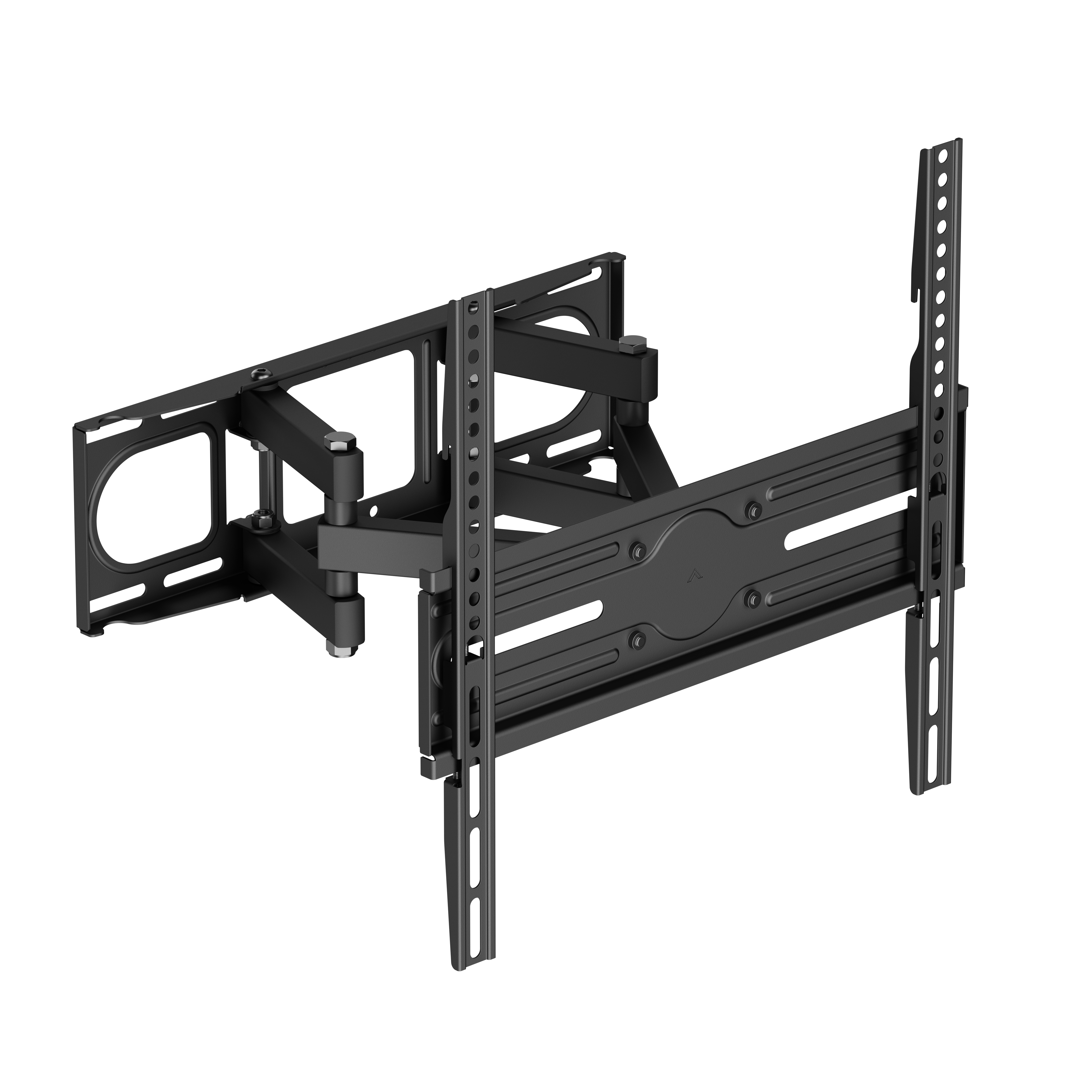 Schwarze, verstellbare TV-Wandhalterung mit ausziehbarem Arm und schwenkbarem Gelenk.