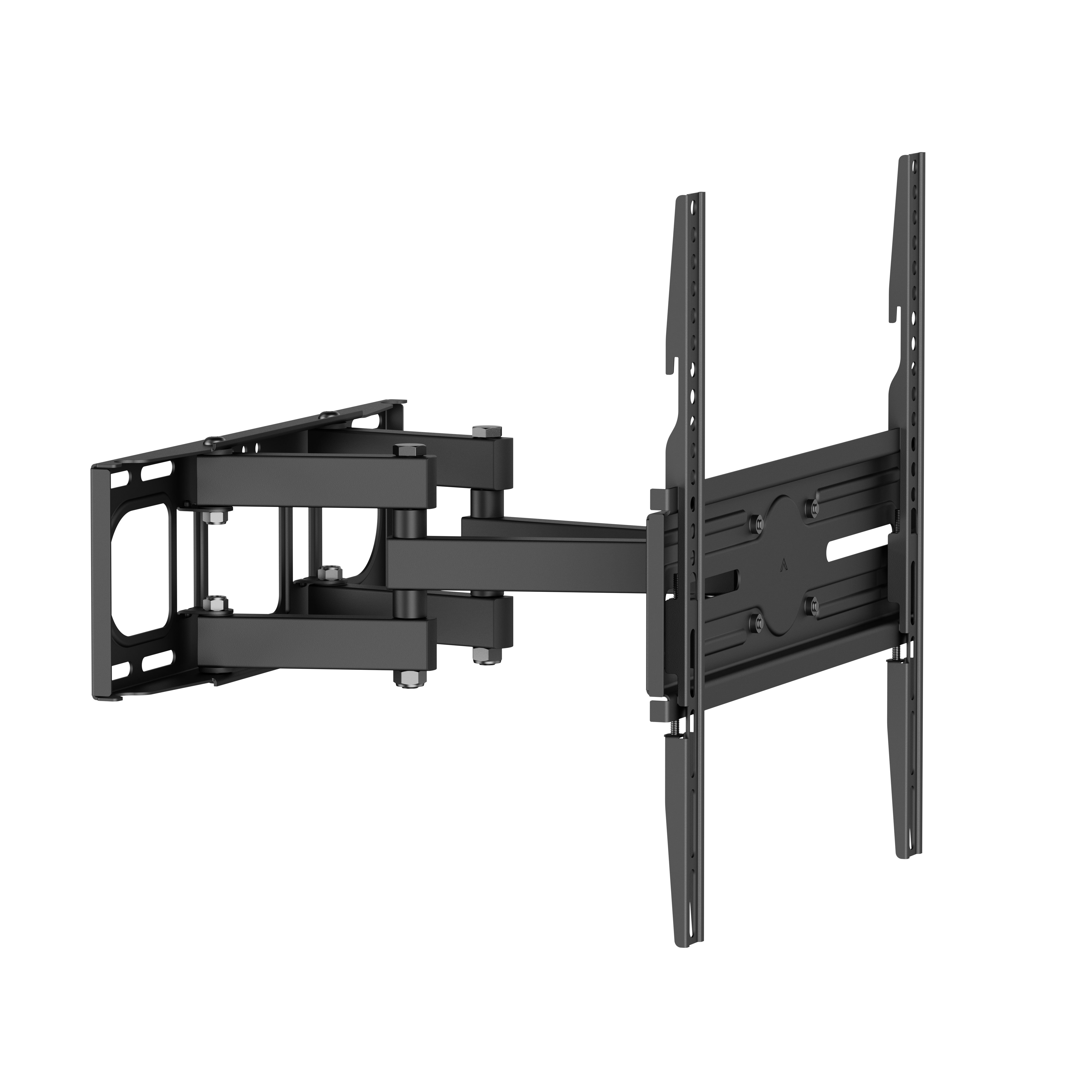 Schwarze, schwenkbare Wandhalterung für Fernseher mit ausziehbarem Arm und VESA-Platten.