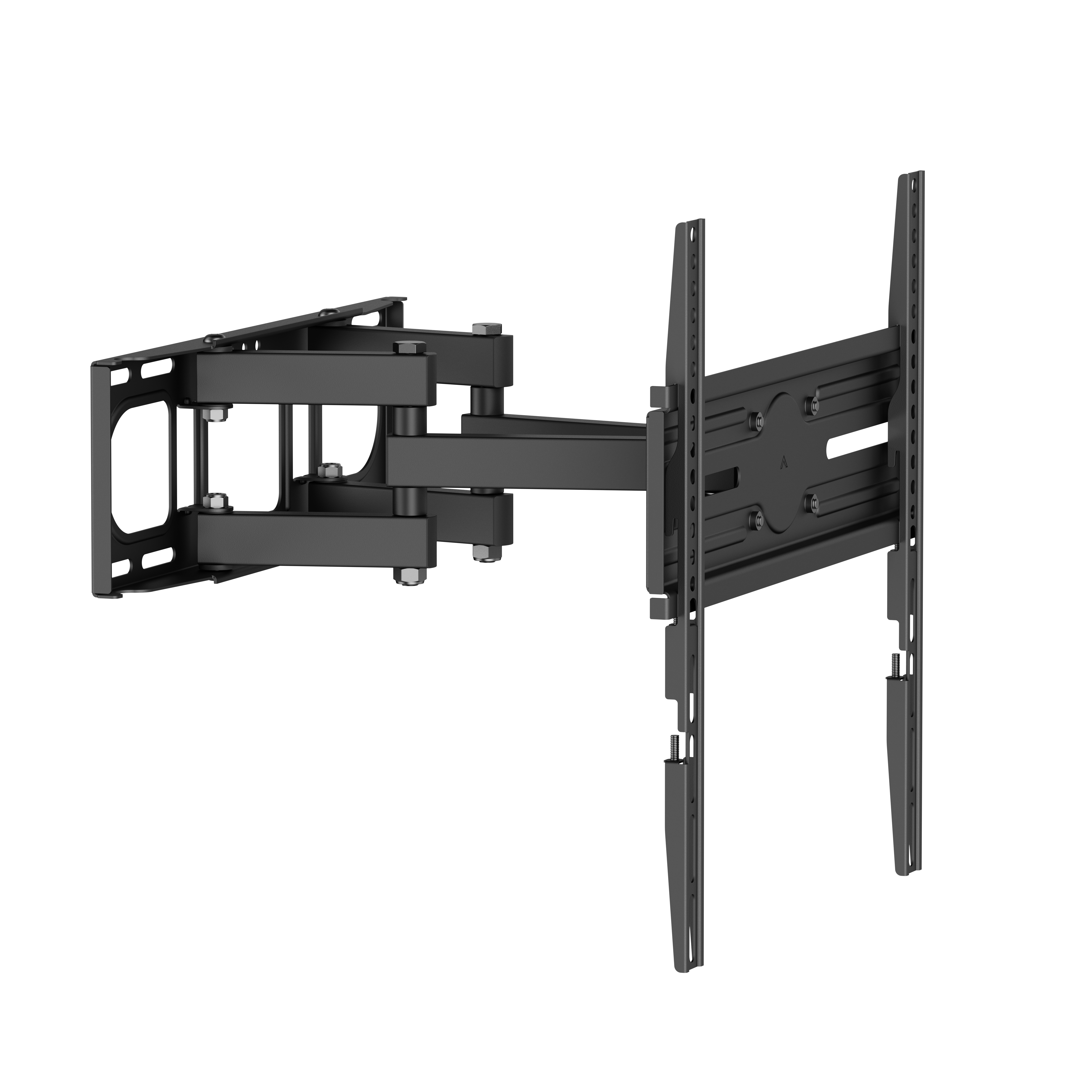 Ein schwarzer, schwenkbarer TV-Wandhalter aus Metall mit Gelenkarmen und Montageplatte.