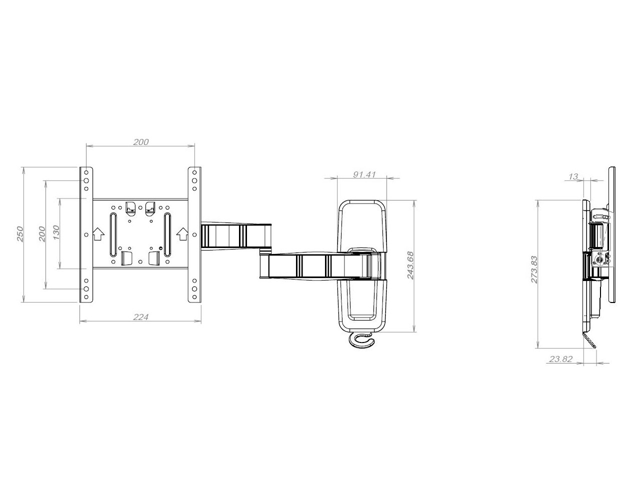 Disegno tecnico di un supporto a parete con dimensioni. Mostra viste frontale, laterale e angolata.