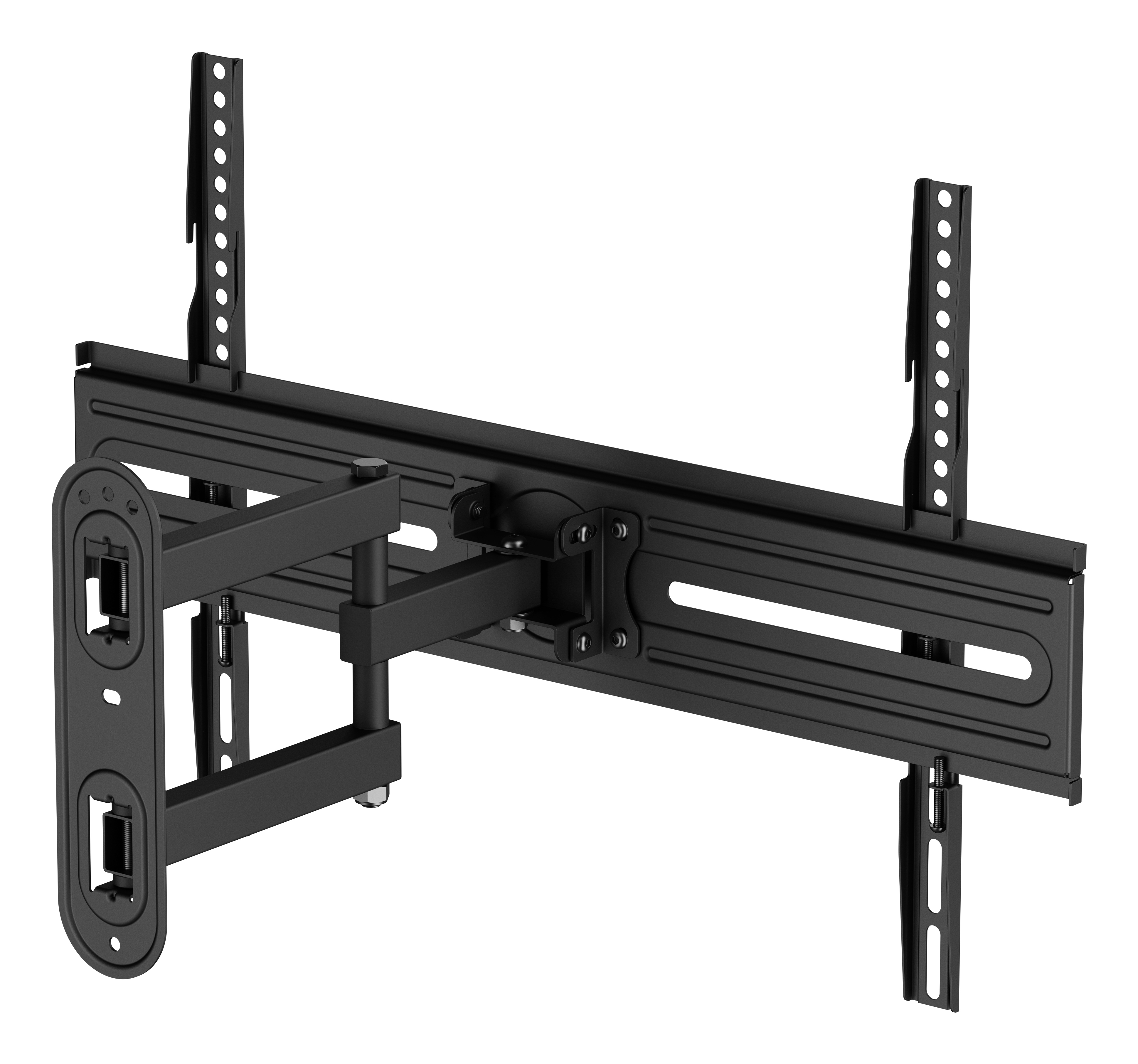 Supporto da parete TV snodabile in metallo nero con bracci e staffe regolabili.