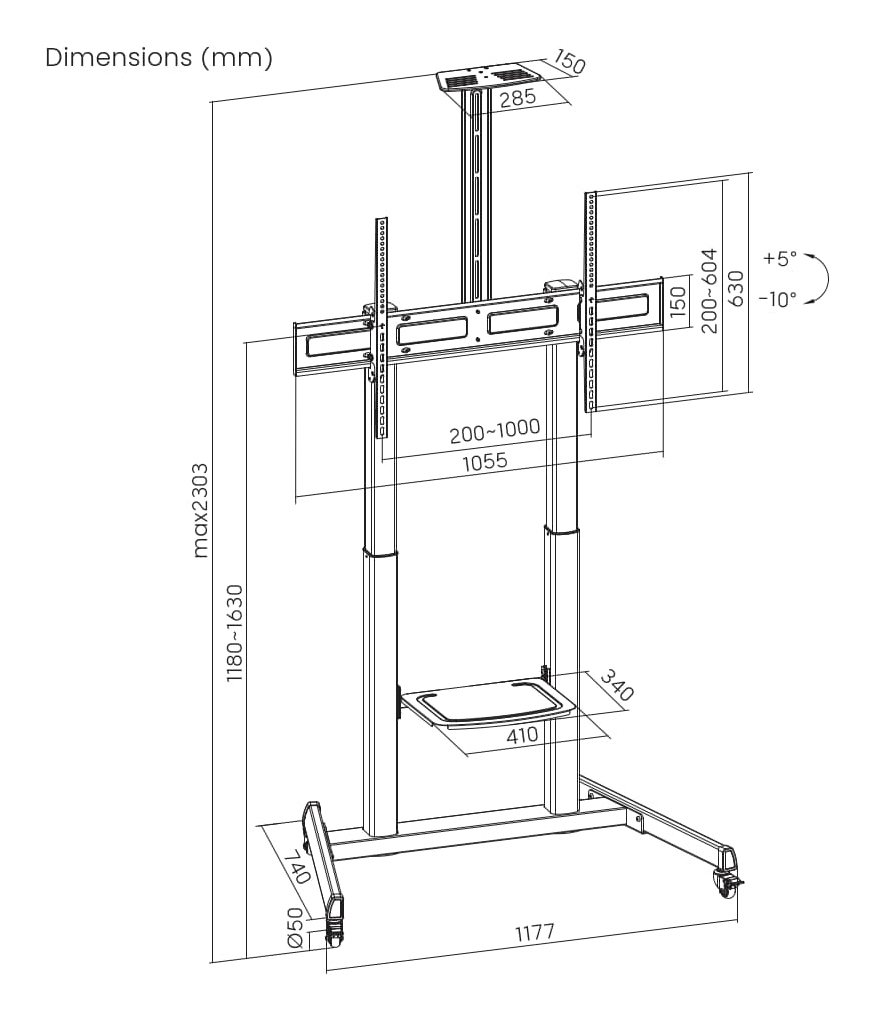 Disegno tecnico di un supporto TV regolabile con dimensioni.
