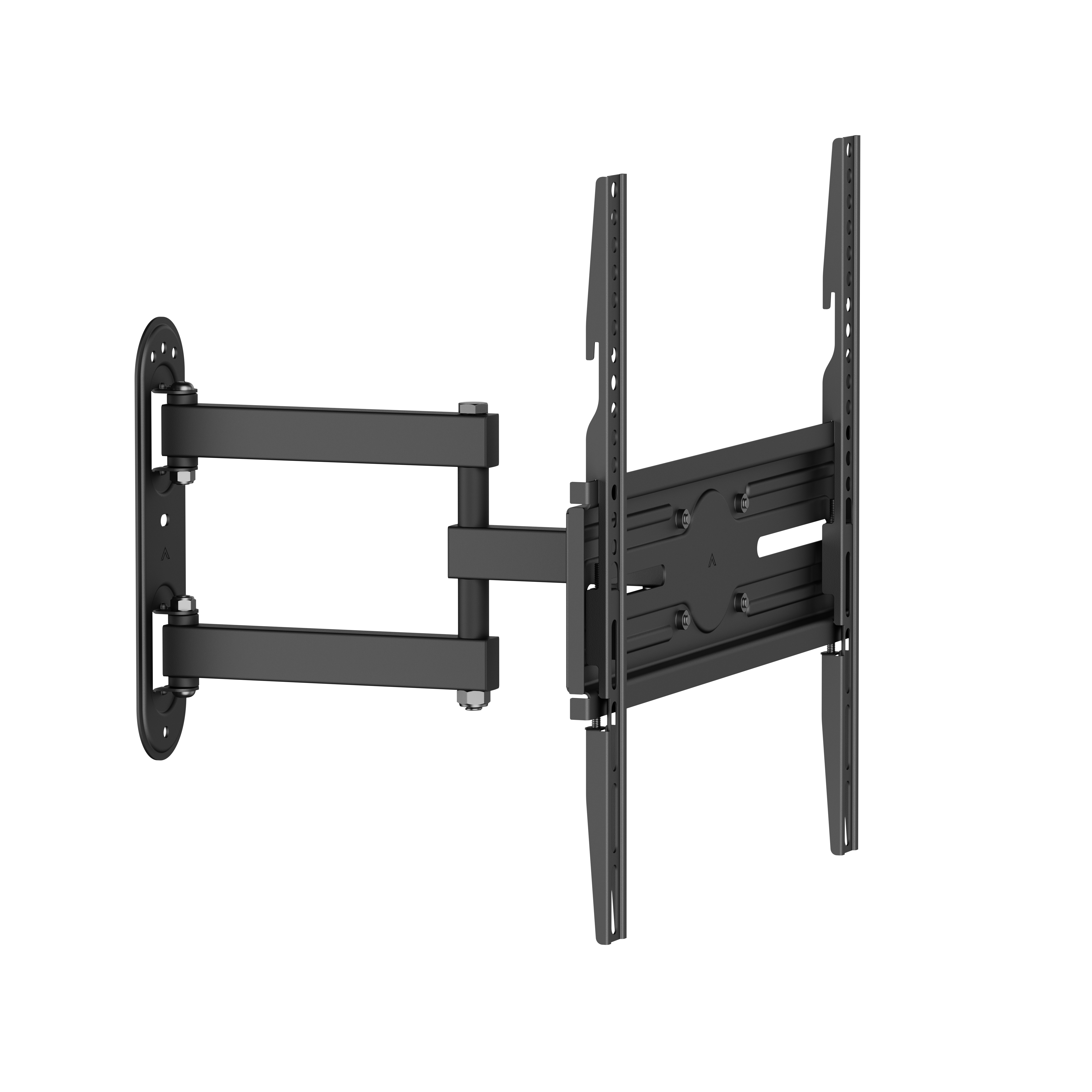 Supporto da parete TV nero con braccio articolato e giunti.
