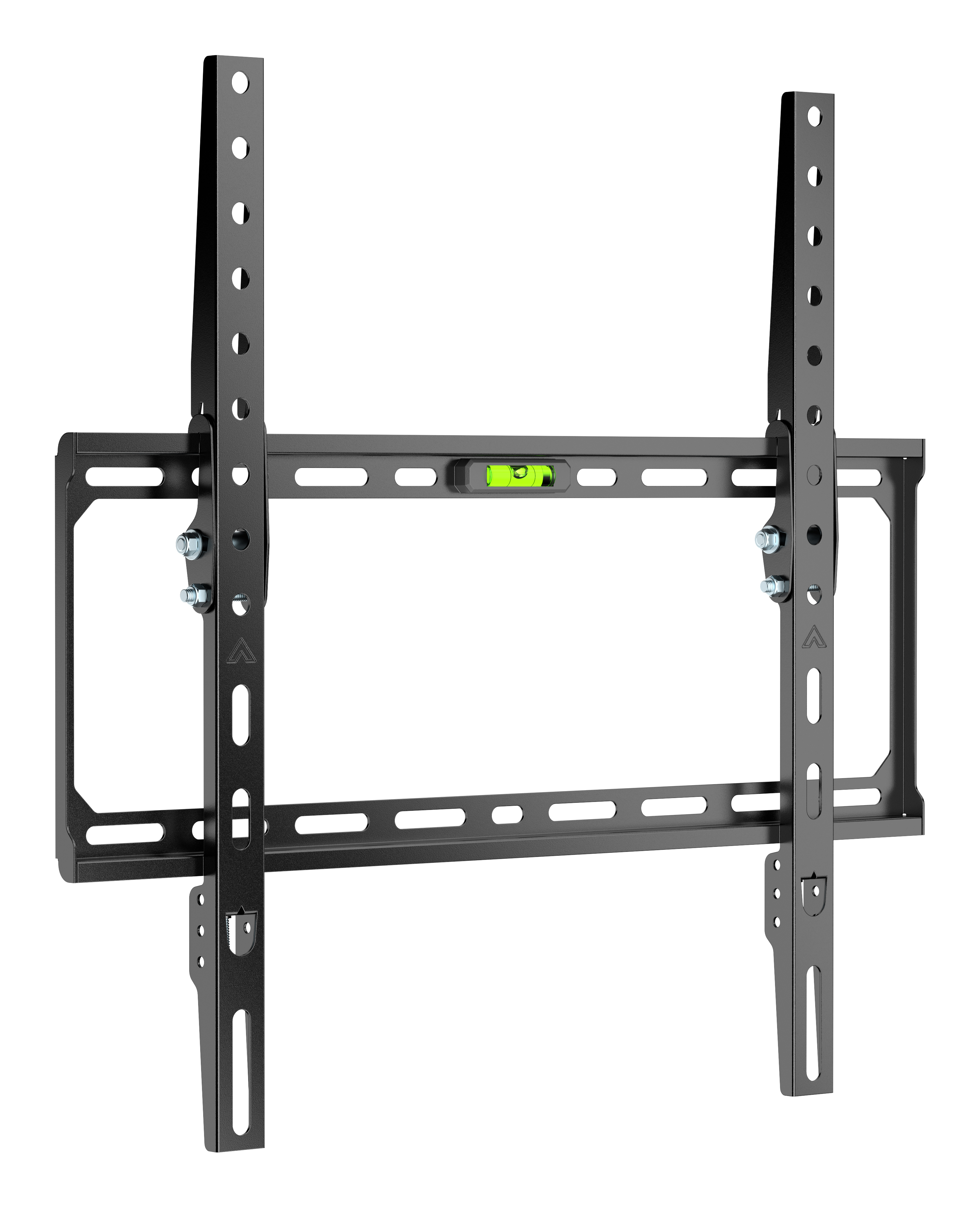 Supporto da parete TV in metallo nero con livella a bolla integrata.